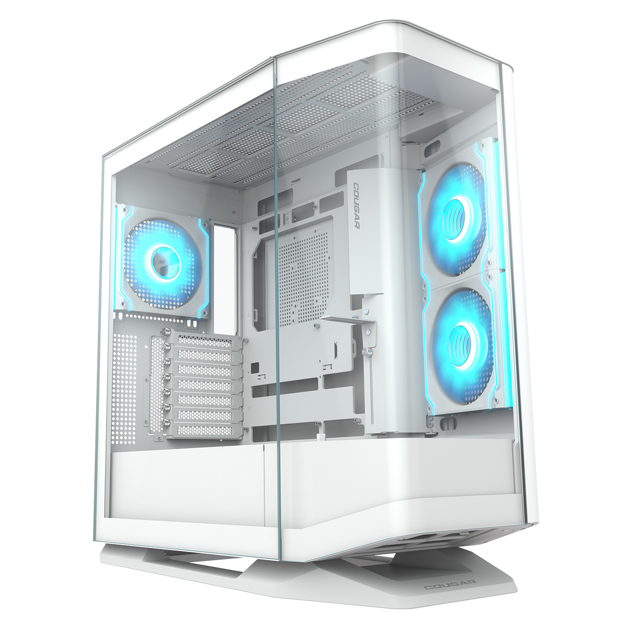 Un case per computer bianco con lati in vetro. Sono visibili ventole a LED blu. Il case è angolato, mostrando i componenti interni.