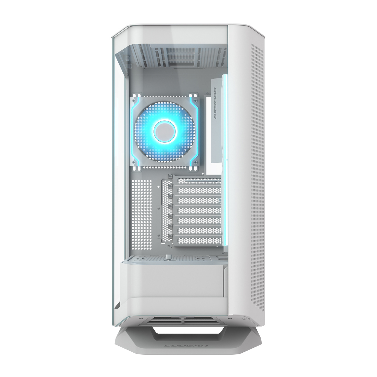 Case per computer bianco con ventola blu brillante. Ha un pannello laterale trasparente e il marchio COUGAR è visibile.