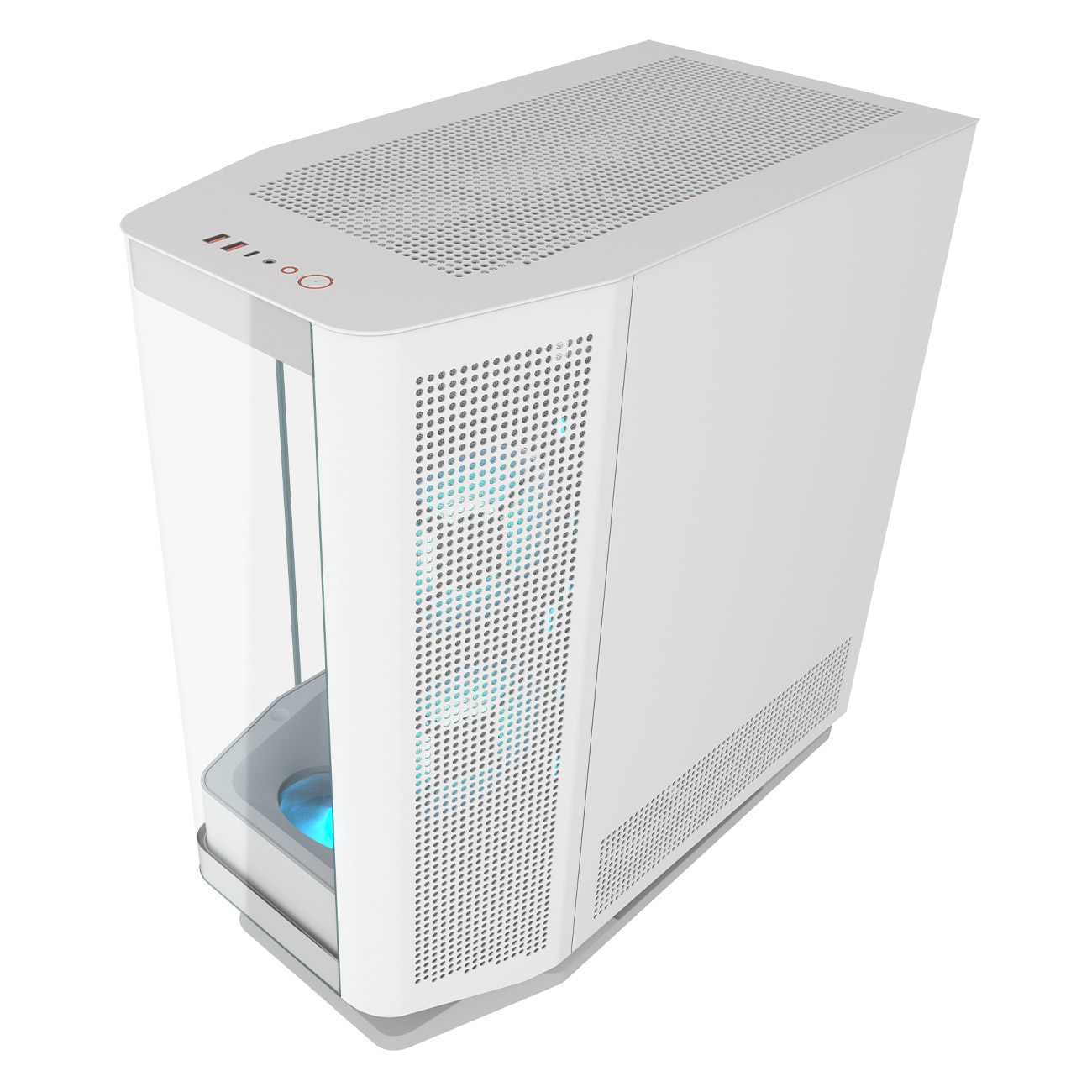 Un case per computer bianco con pannello frontale trasparente, che mostra i componenti interni. Il case ha un lato e una parte superiore perforati.