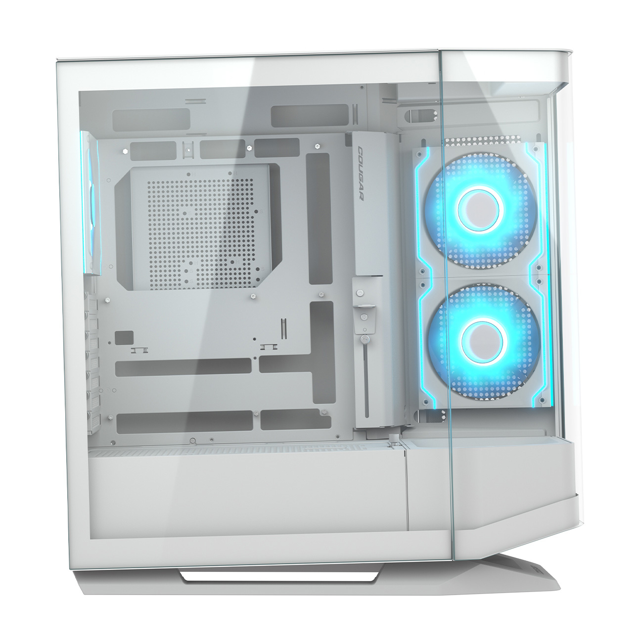Un case per computer bianco con pannello laterale in vetro. All'interno si vedono ventole illuminate di blu e componenti interni.