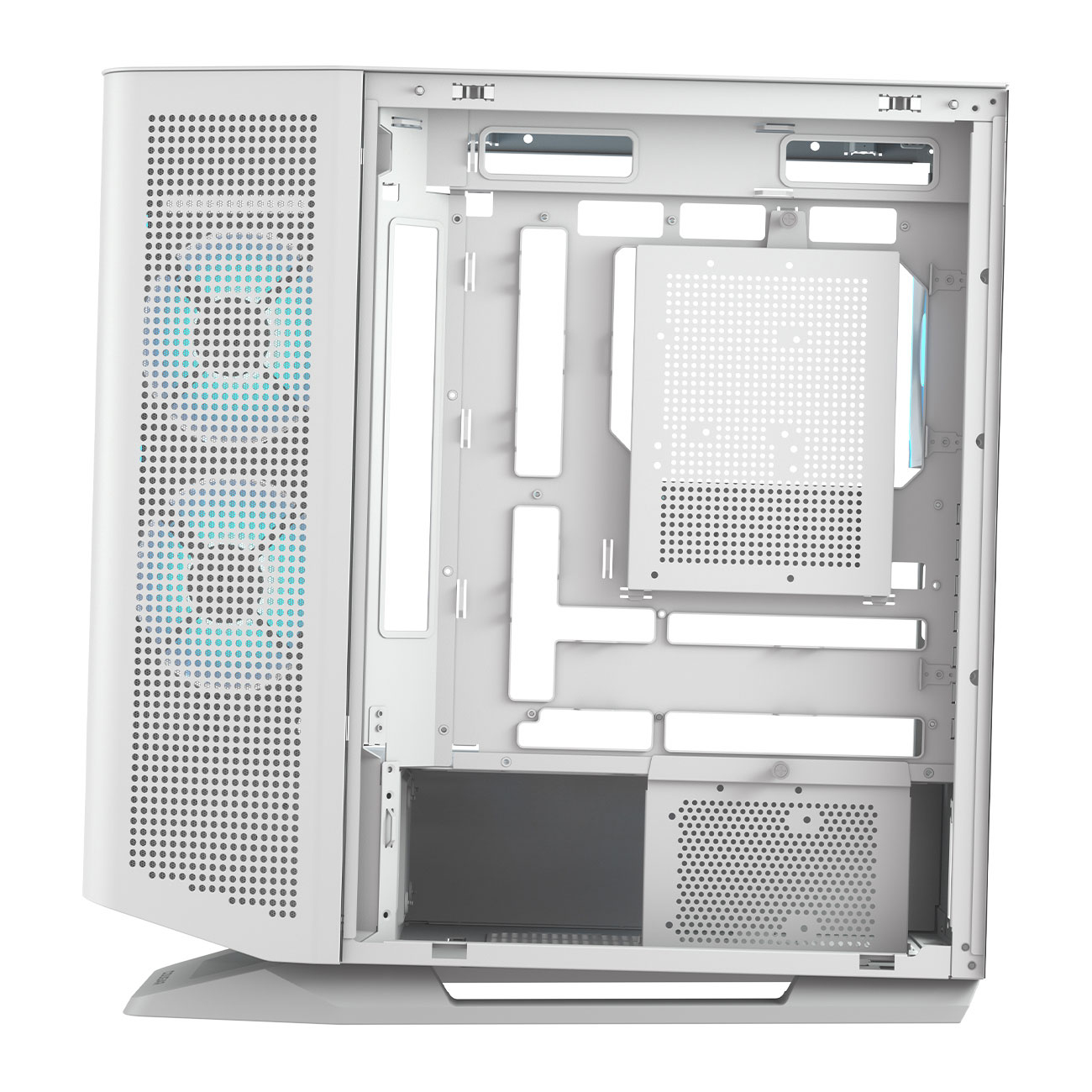 Interno di un case per computer bianco. Ha un pannello frontale perforato con illuminazione blu-verde e vari scomparti.