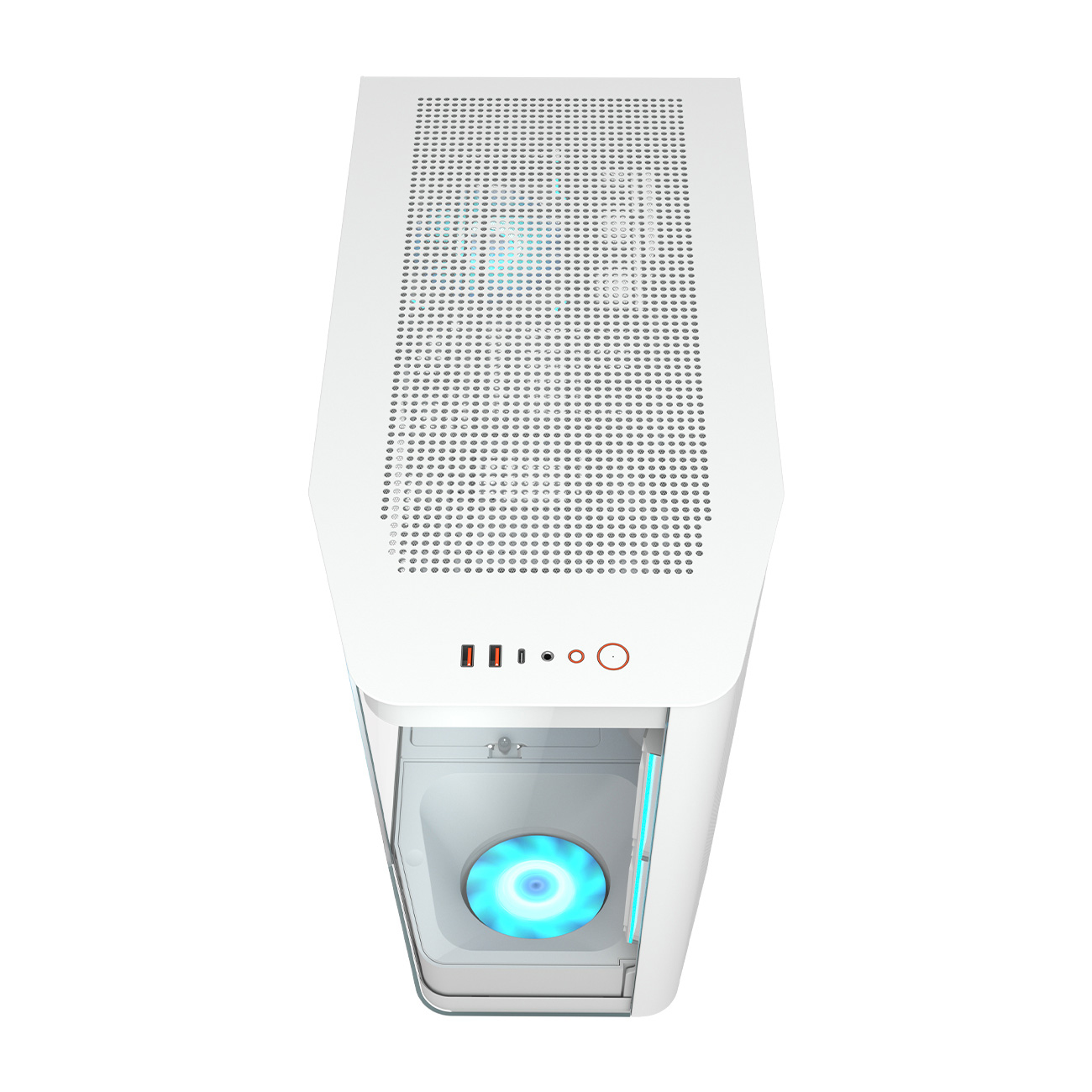 Un case per computer bianco, vista dall'alto. Ha una parte superiore perforata, porte anteriori e una ventola blu luminosa.