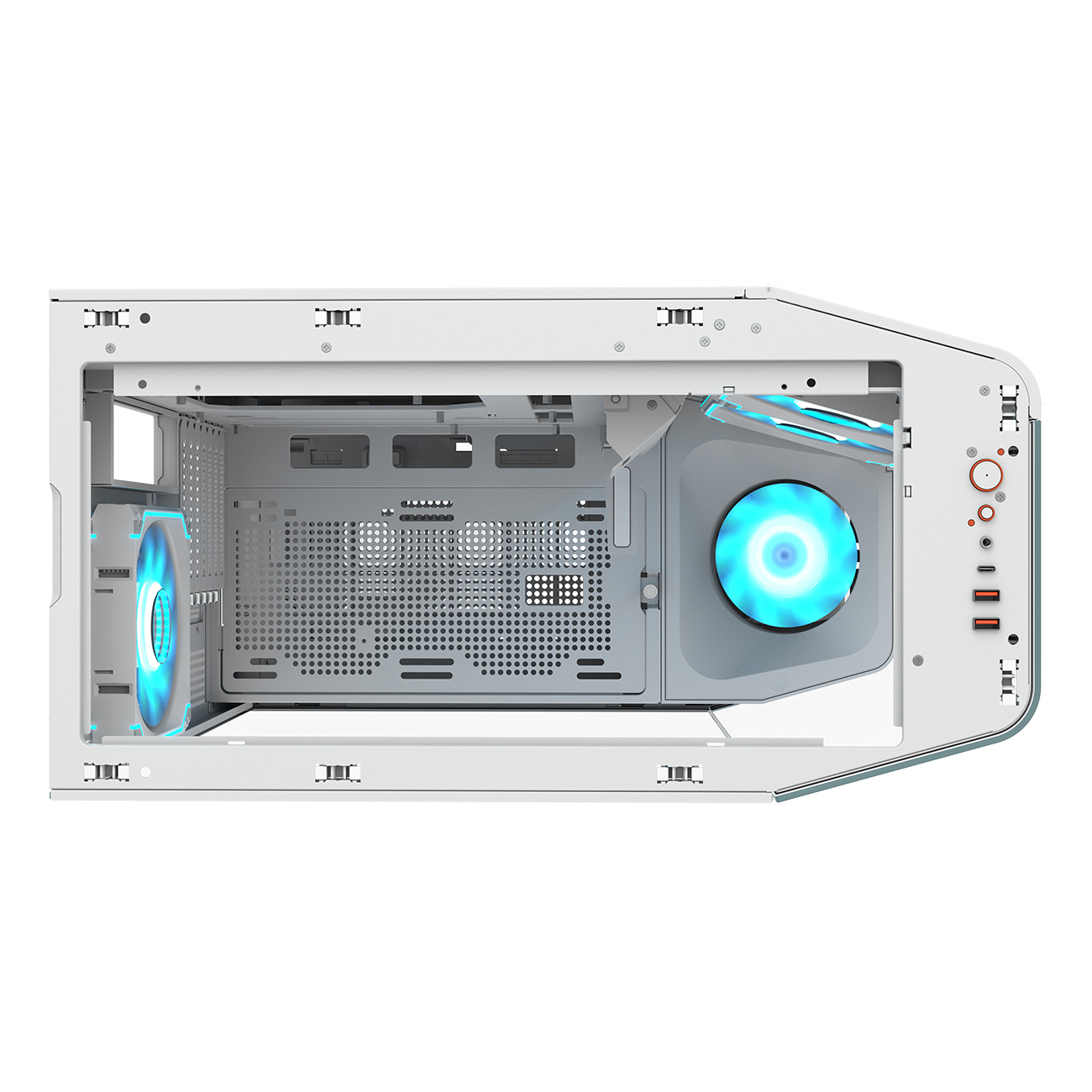 Case per computer bianco con ventole luminose blu. Il case è aperto, mostrando i componenti interni. Pulsanti di accensione e porte USB visibili.