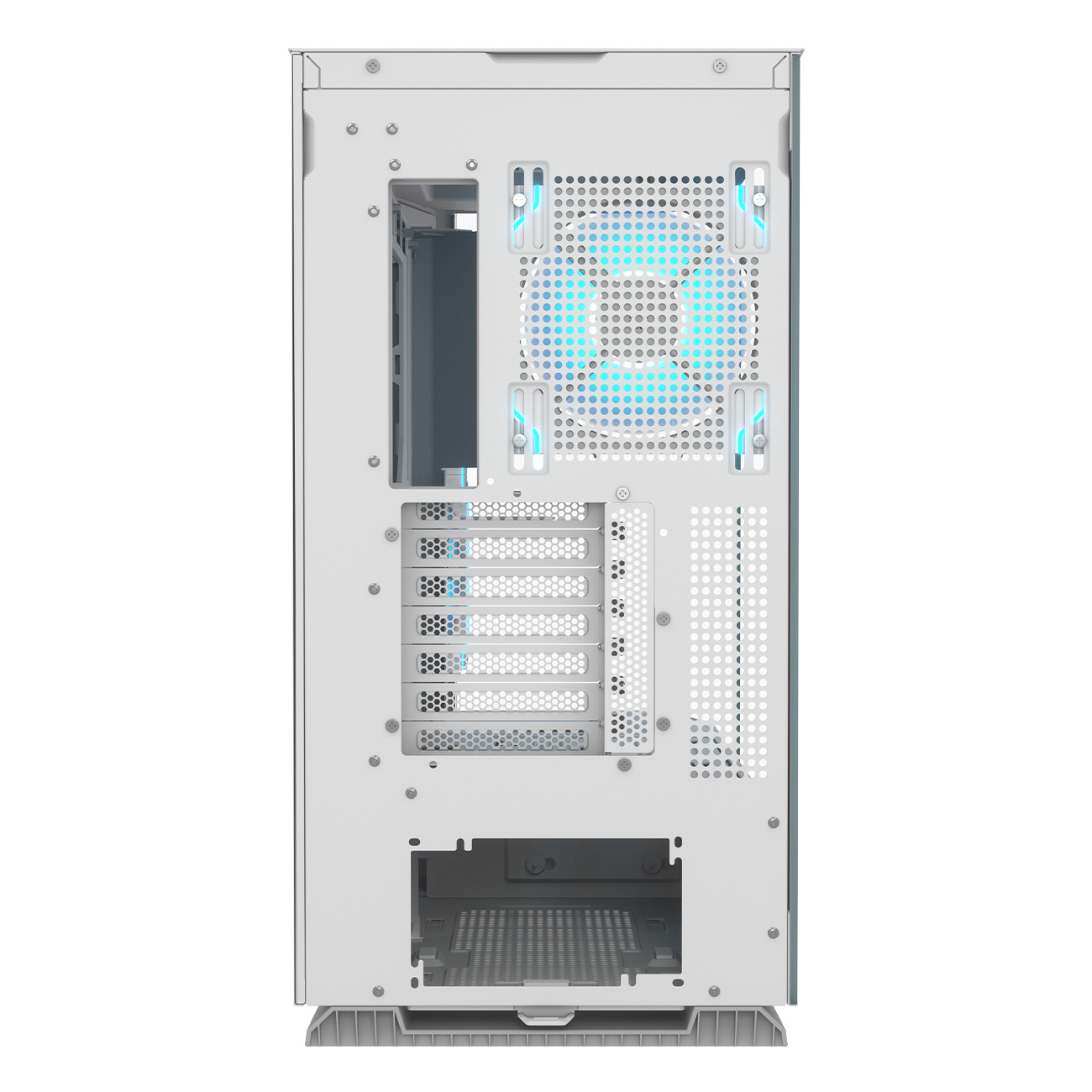 Retro di un case per computer bianco. Ha una ventola con luci blu, diverse fessure rettangolari e un'apertura inferiore.