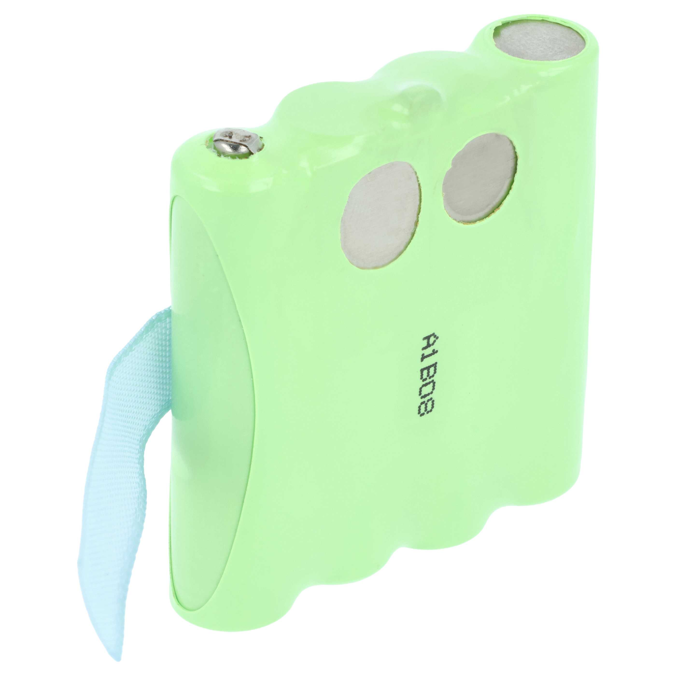 Ein grünes Batteriepack mit hellblauem Riemen. Es hat zwei kreisförmige Öffnungen und den Text 'A1B08' an der Seite.