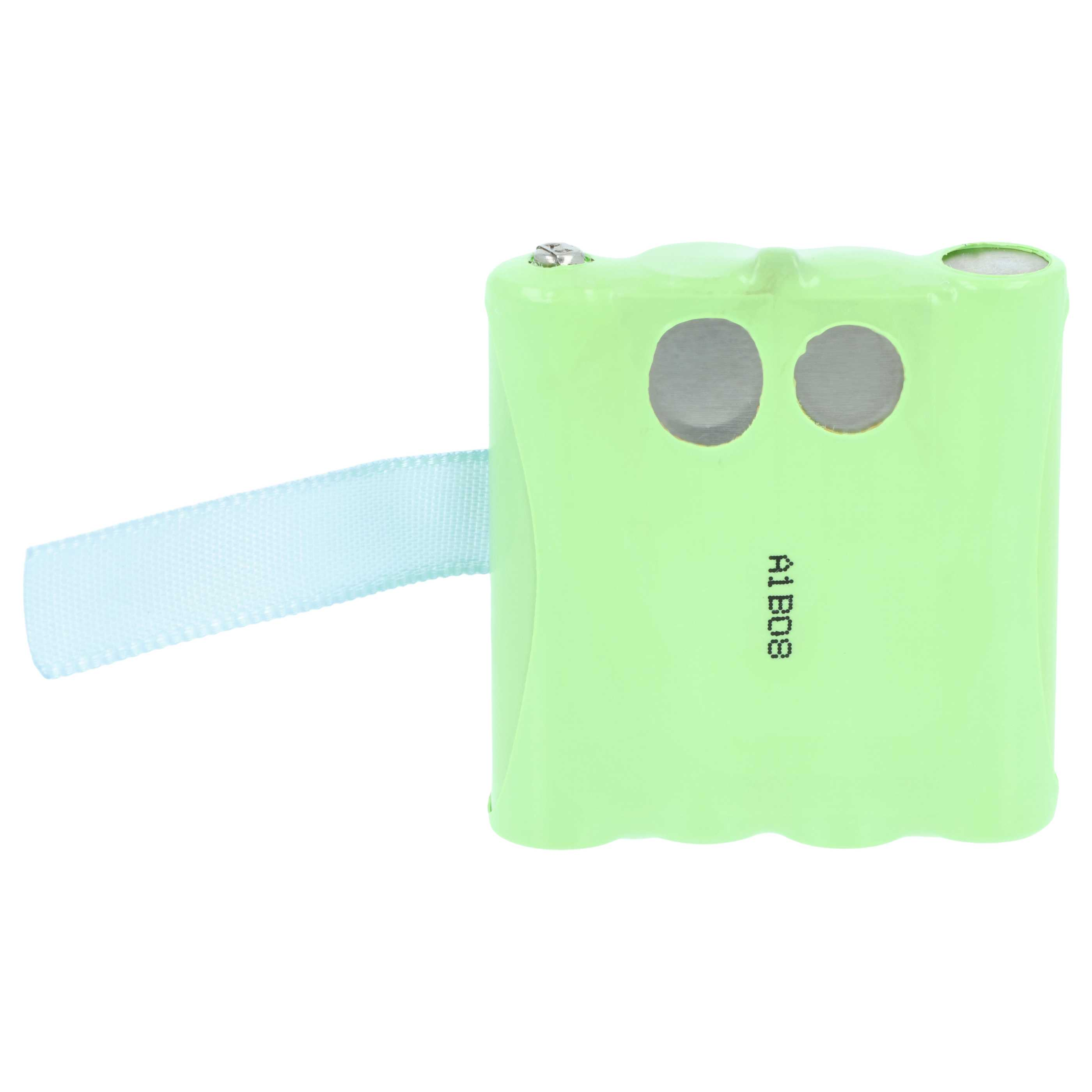 Ein grünes Batteriepack mit zwei kreisförmigen Löchern, einem hellblauen Riemen und dem Text 'A1 B08'.