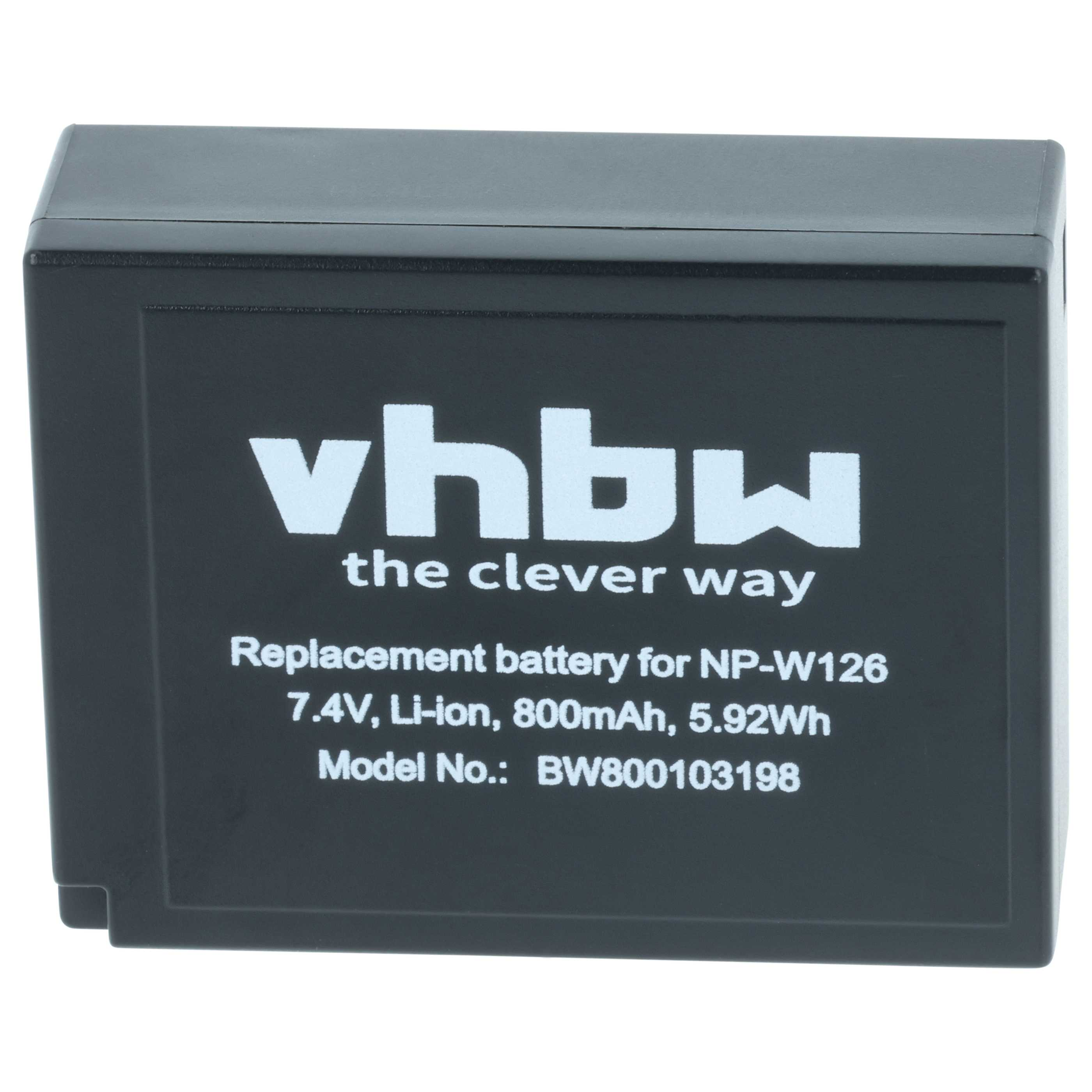 Ein schwarzer rechteckiger Akku mit weißem Text: vhbw, the clever way, Ersatzbatterie für NP-W126 und Spezifikationen.