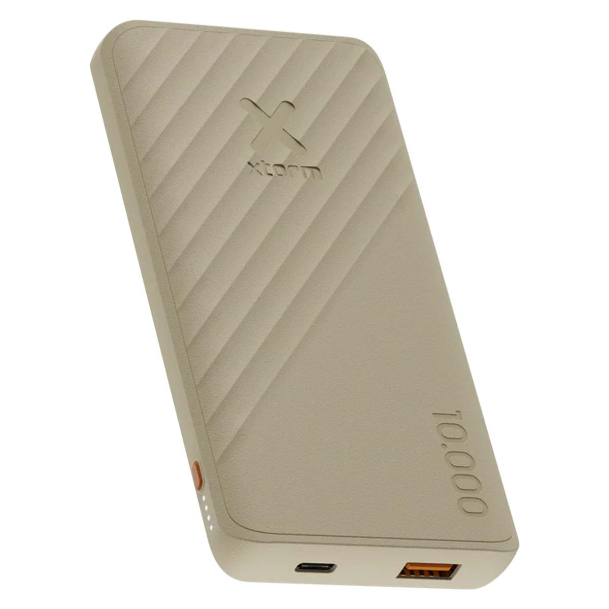 Un power bank beige con il logo 'x' e la scritta 'xtorm'. Ha una capacità di 10.000 e ha delle porte.