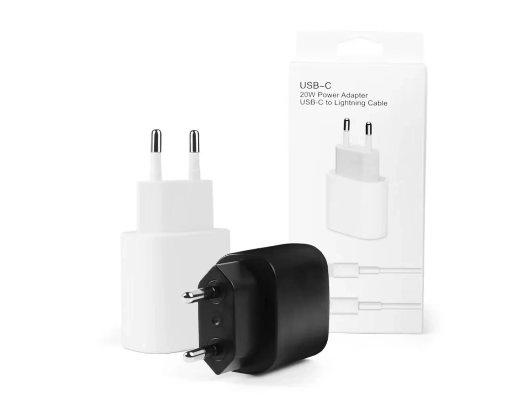 Drei Netzteile: zwei weiß und eins schwarz, neben einer Box mit der Aufschrift 'USB-C 20W Power Adapter'.