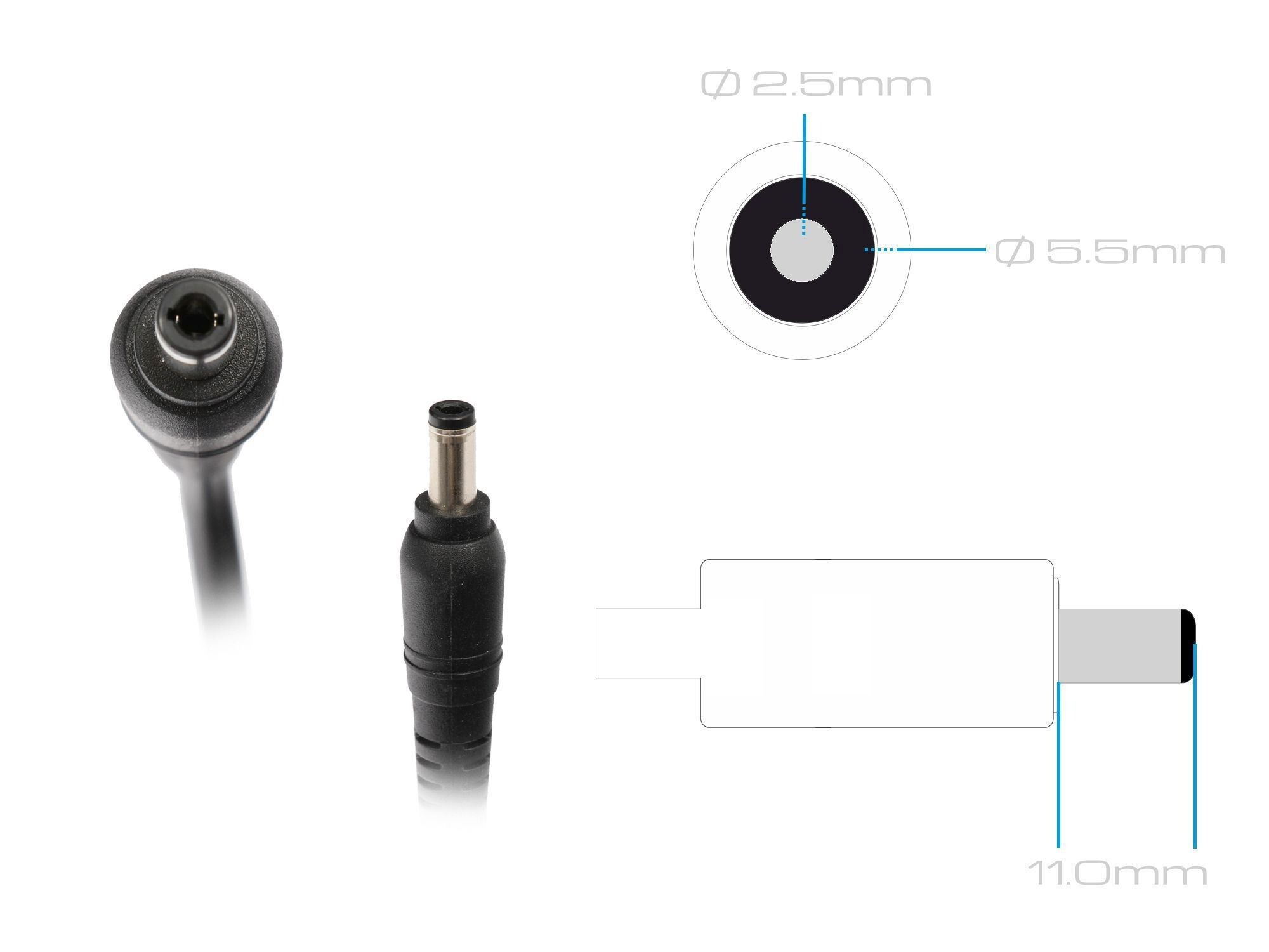Diagramm eines Netzadapters mit Maßen. Zeigt einen Stecker, einen Hohlstecker und einen USB-C-Anschluss. Abmessungen sind beschriftet.