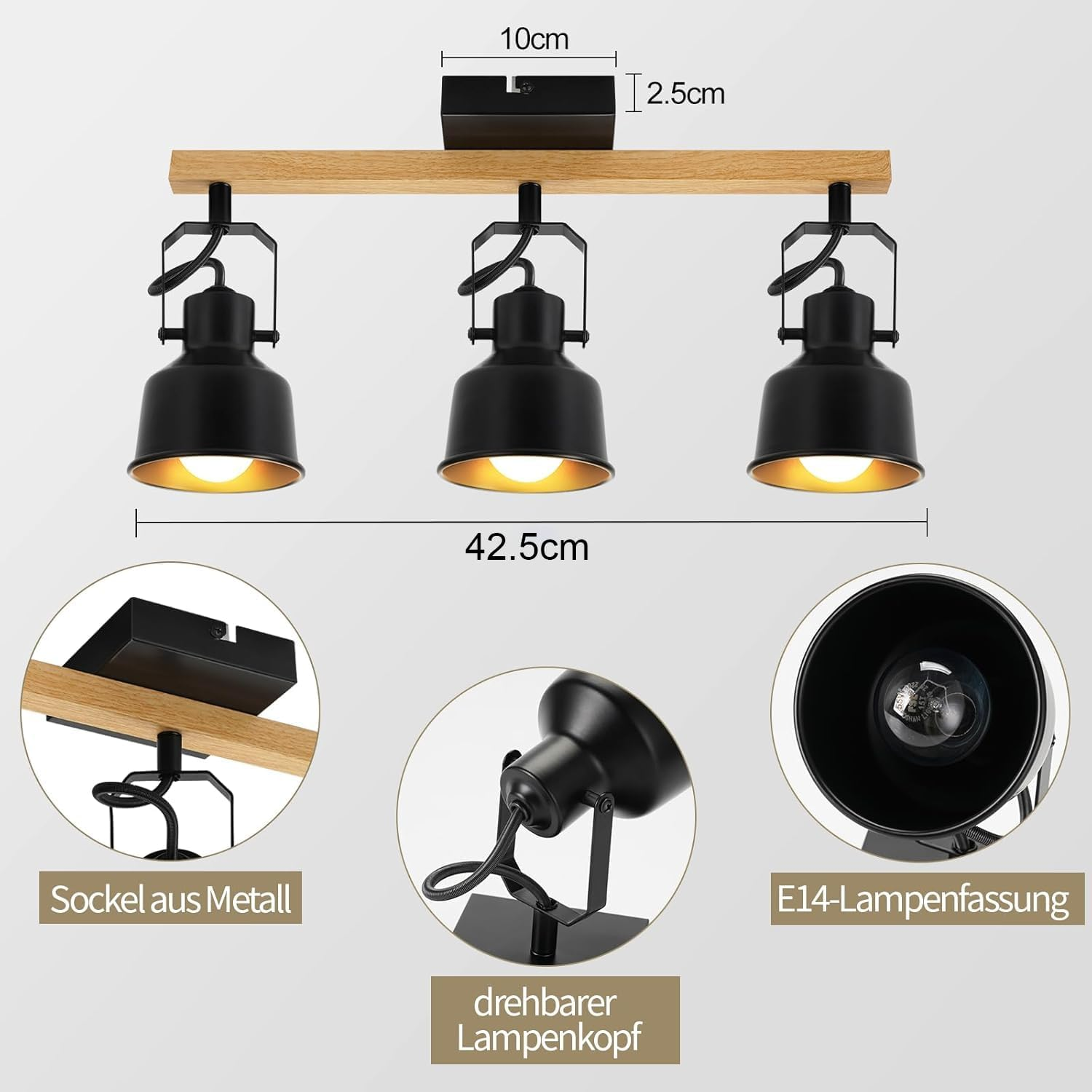 Nowoczesna lampa sufitowa z trzema czarnymi lampami. Ma drewnianą belkę i metalowe detale. Wymiary są pokazane.