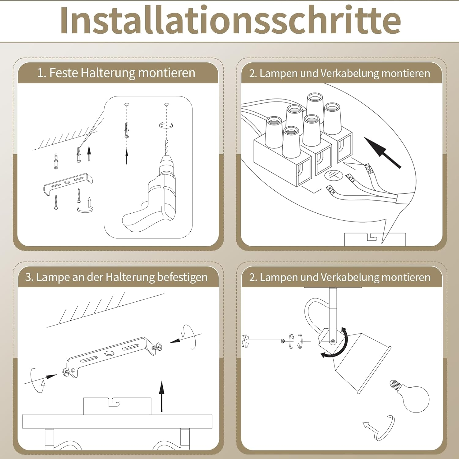 Kroki instalacji lampy. Schematy pokazują montaż uchwytu, okablowanie, mocowanie lampy i instalację żarówki.