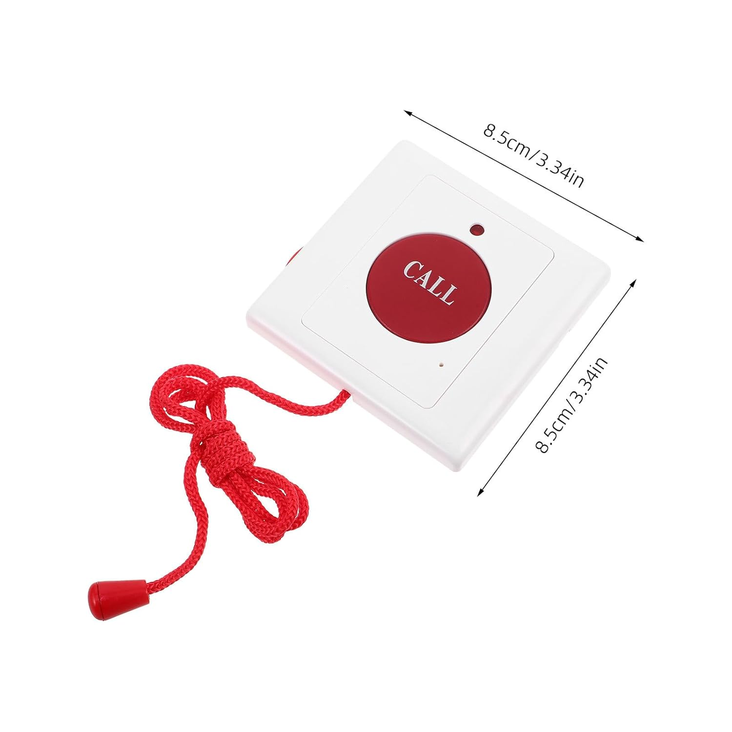 Ein weißer quadratischer Rufknopf mit roter Mitte und Kordel. Der Knopf sagt 'CALL'.