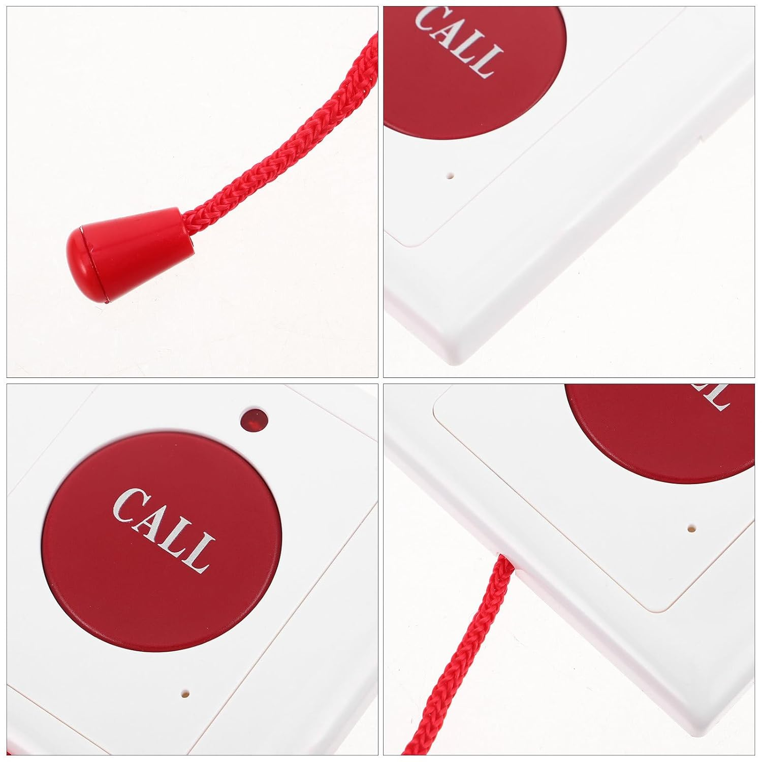 Vier Nahaufnahmen. Jedes zeigt ein weißes Gerät mit einem roten Knopf mit der Aufschrift 'CALL'. Eine rote Schnur und ein Zug sind ebenfalls sichtbar.