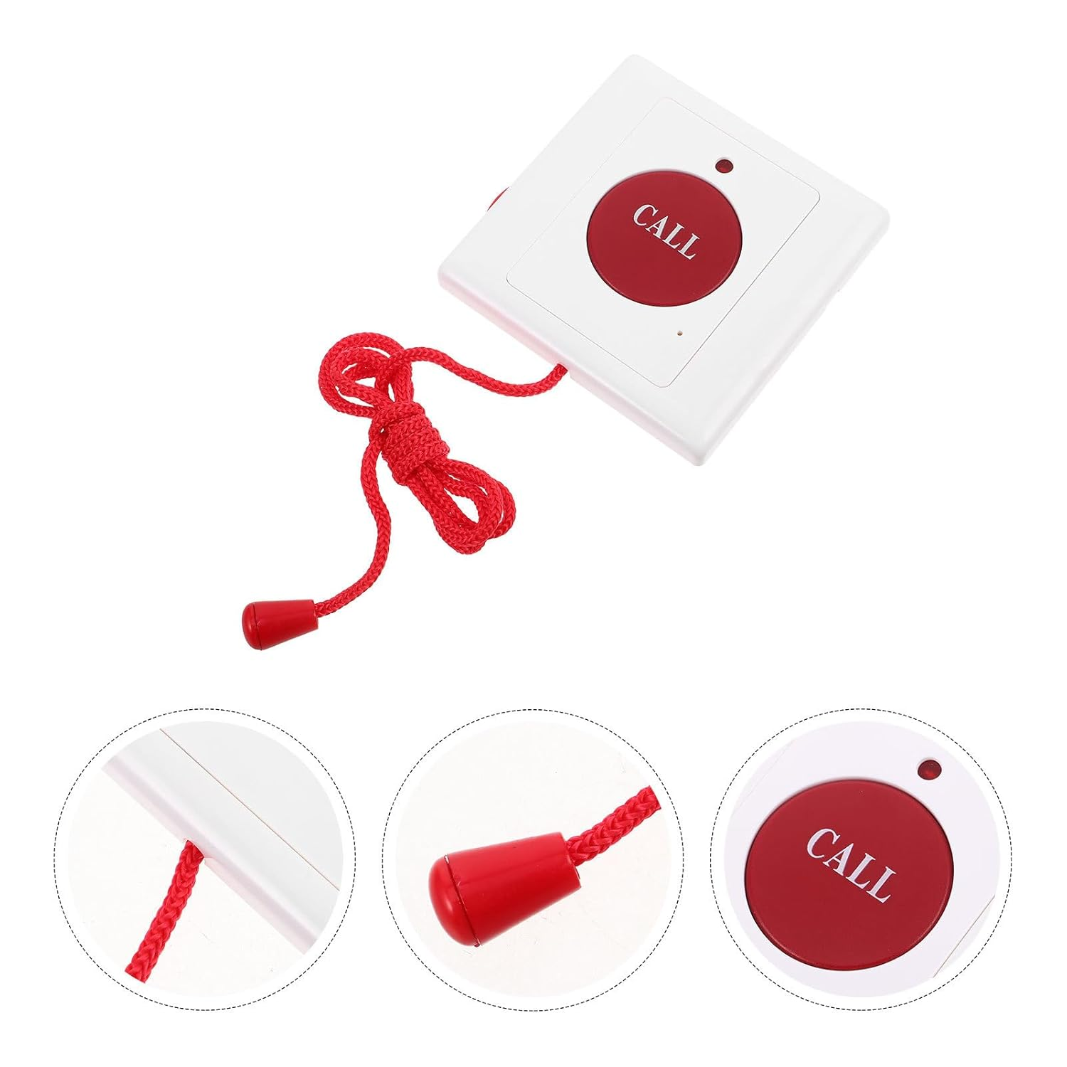 Ein weißer Rufknopf mit einem roten Kreis mit der Aufschrift 'CALL'. Er hat eine rote Schnur mit einem roten Zug.