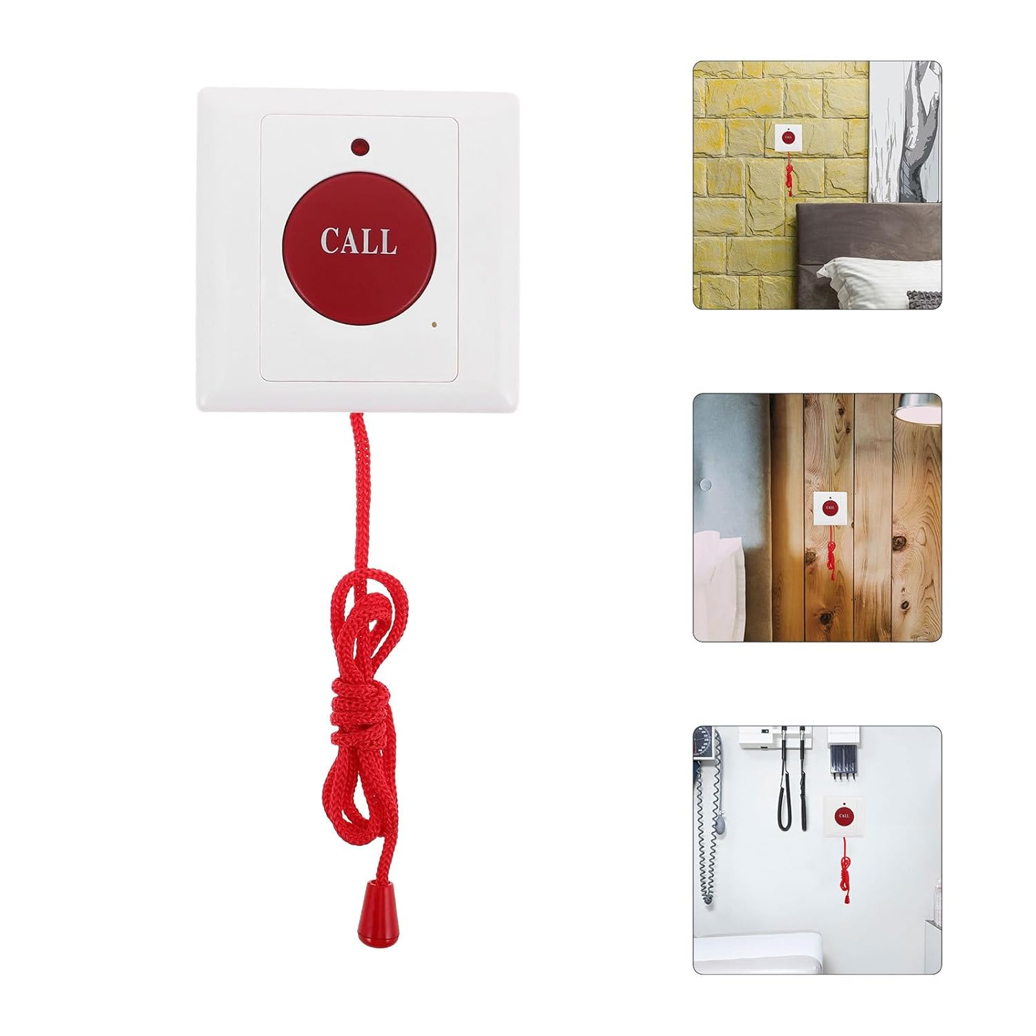 Weißer Notrufknopf mit roter „CALL“-Taste und Zugkordel. Mehrere Nahaufnahmen, die die Installation in verschiedenen Umgebungen zeigen.