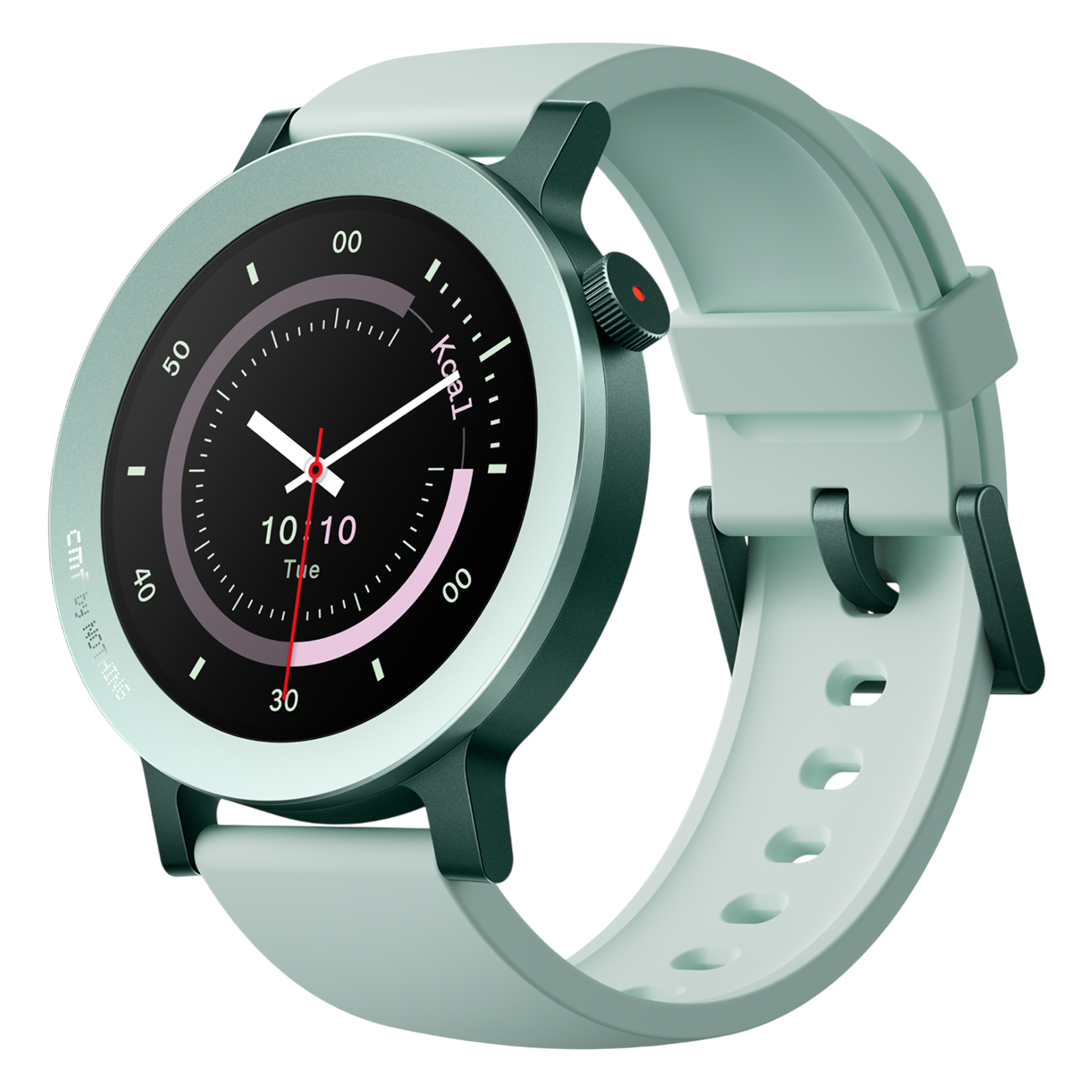 Uno smartwatch verde menta con display nero che mostra ora e kcal, cinturino verde menta con cornice verde scuro e pulsante rosso.