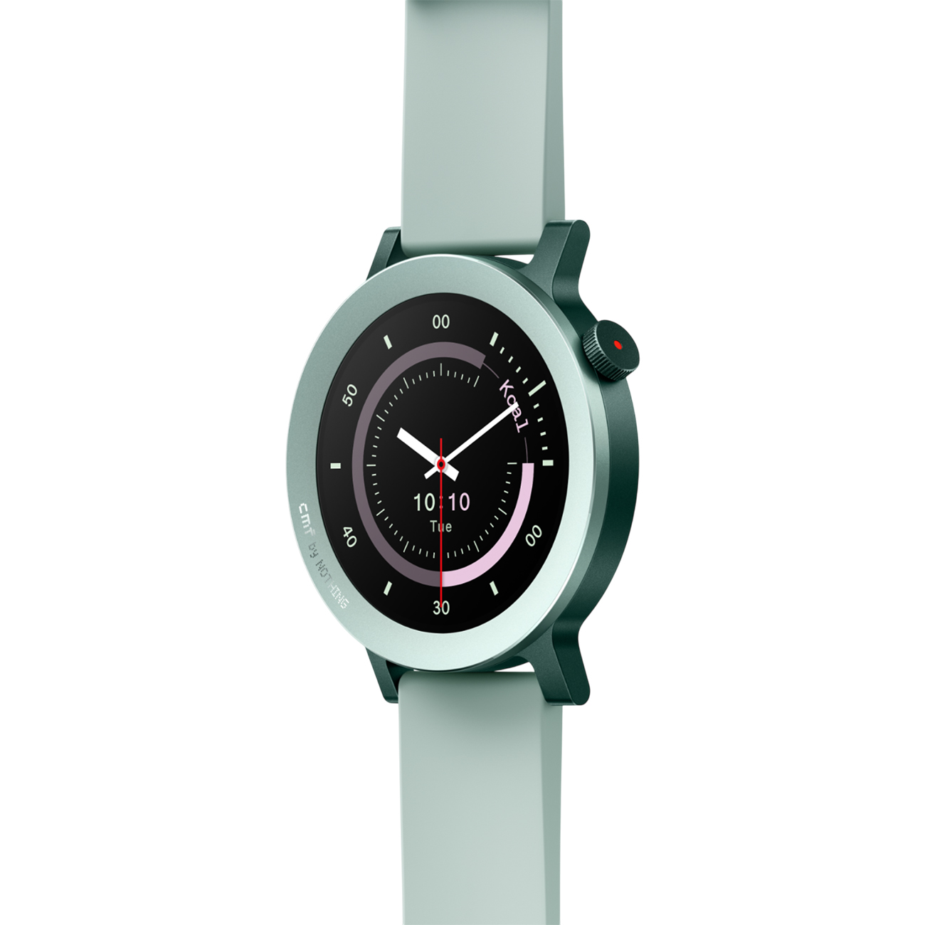 Uno smartwatch verde menta visualizza le 10:10 sullo schermo. Ha una lunetta verde scuro e un pulsante rosso. Il cinturino è verde menta.