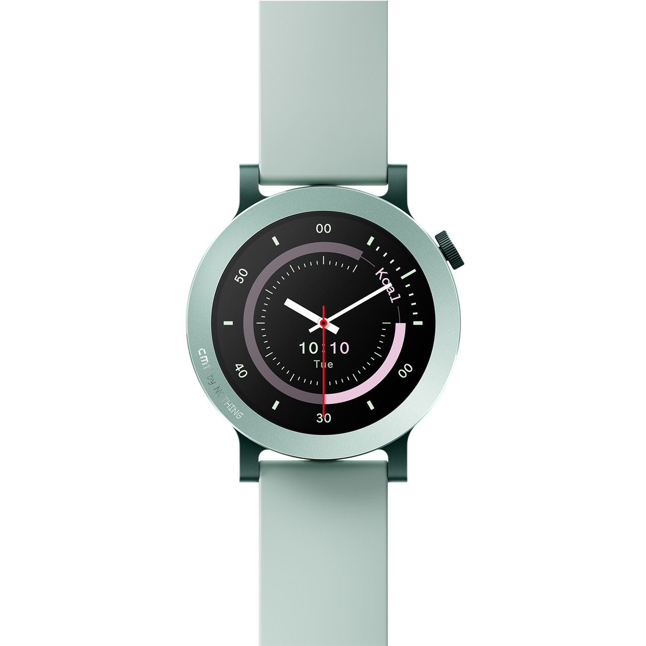 Uno smartwatch verde menta mostra le 10:10 su uno schermo nero. Ha una ghiera girevole, un pulsante laterale e un cinturino abbinato.