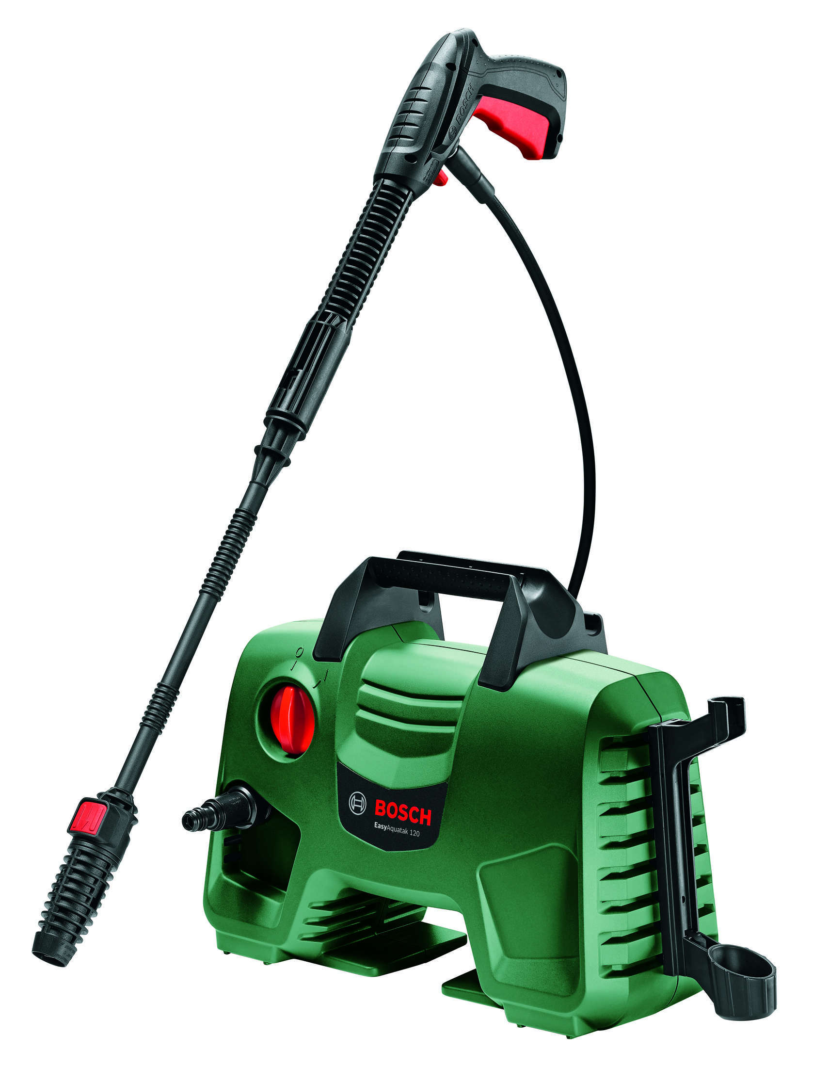 Ein grüner Bosch EasyAquatak 120 Hochdruckreiniger mit schwarzem Schlauch und Pistole, roten Akzenten, auf weißem Hintergrund.