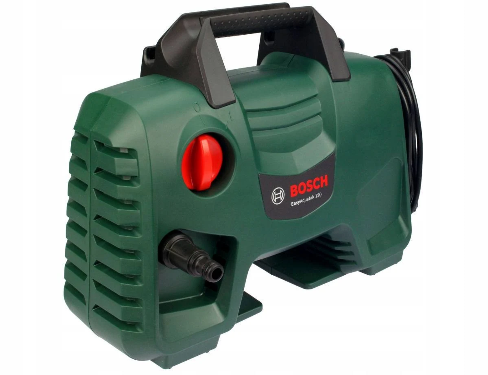 Ein grüner Bosch EasyAquatak 120 Hochdruckreiniger mit schwarzem Griff, rotem Knopf und schwarzem Schlauch wird gezeigt.