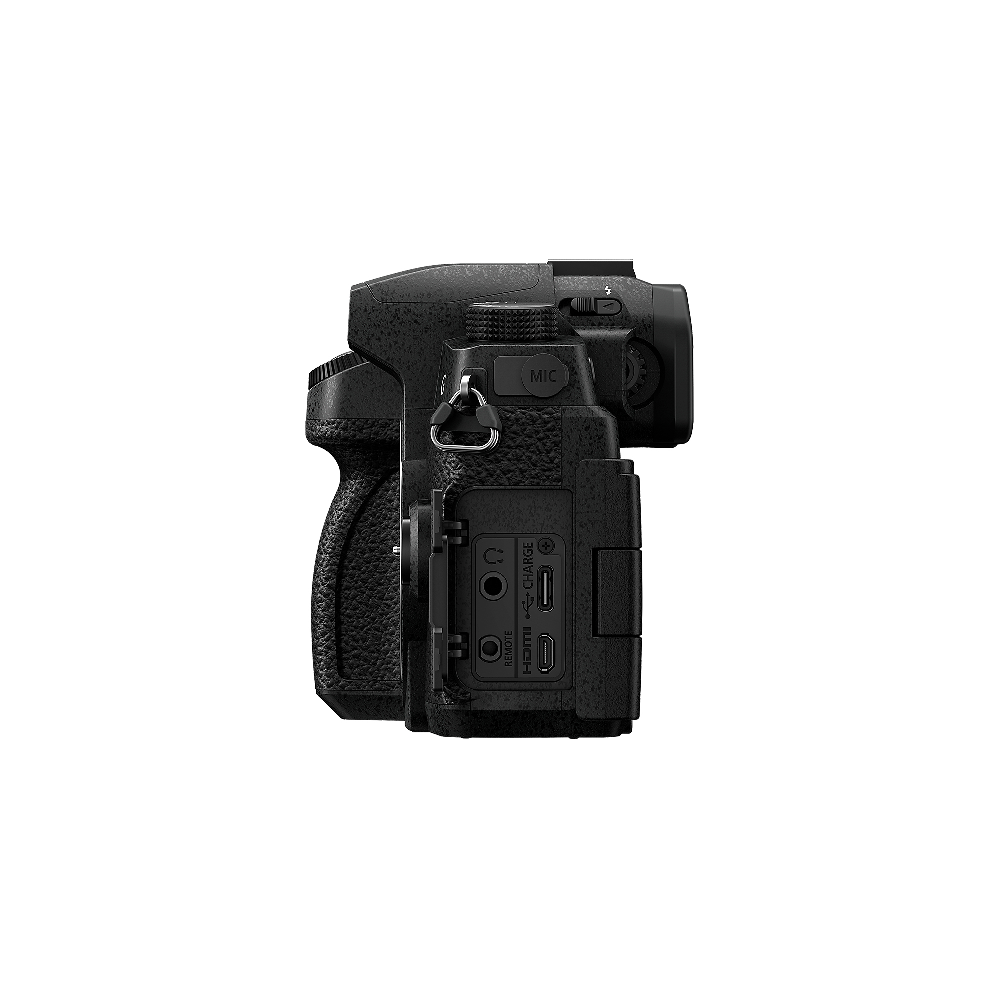 Zwart camera zijaanzicht. Kenmerken zijn een handgreep, knoppen, poorten en een microfoon. Op witte achtergrond.