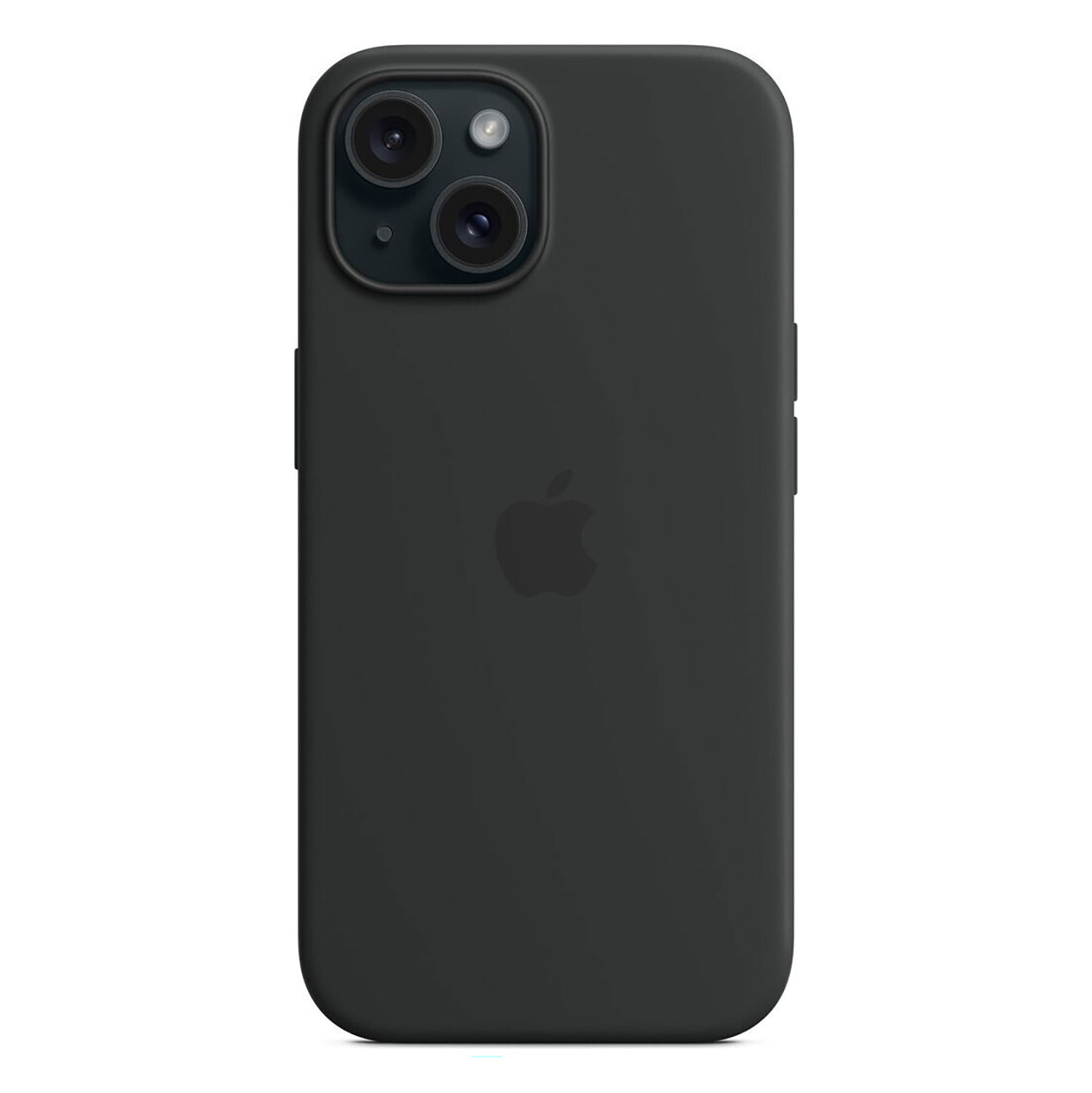 Een zwarte iPhone met een hoesje. De telefoon heeft een drievoudige lenscamera en een Apple-logo. De hoes is matzwart.