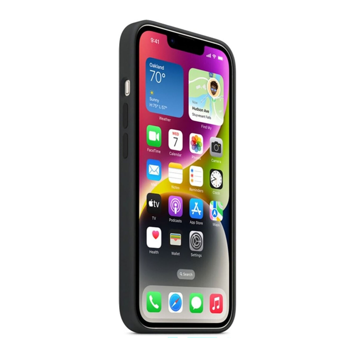 Een iPhone in een zwarte hoes toont het startscherm met weer, apps en tijd. Het scherm toont het weer in Oakland en een kaart.