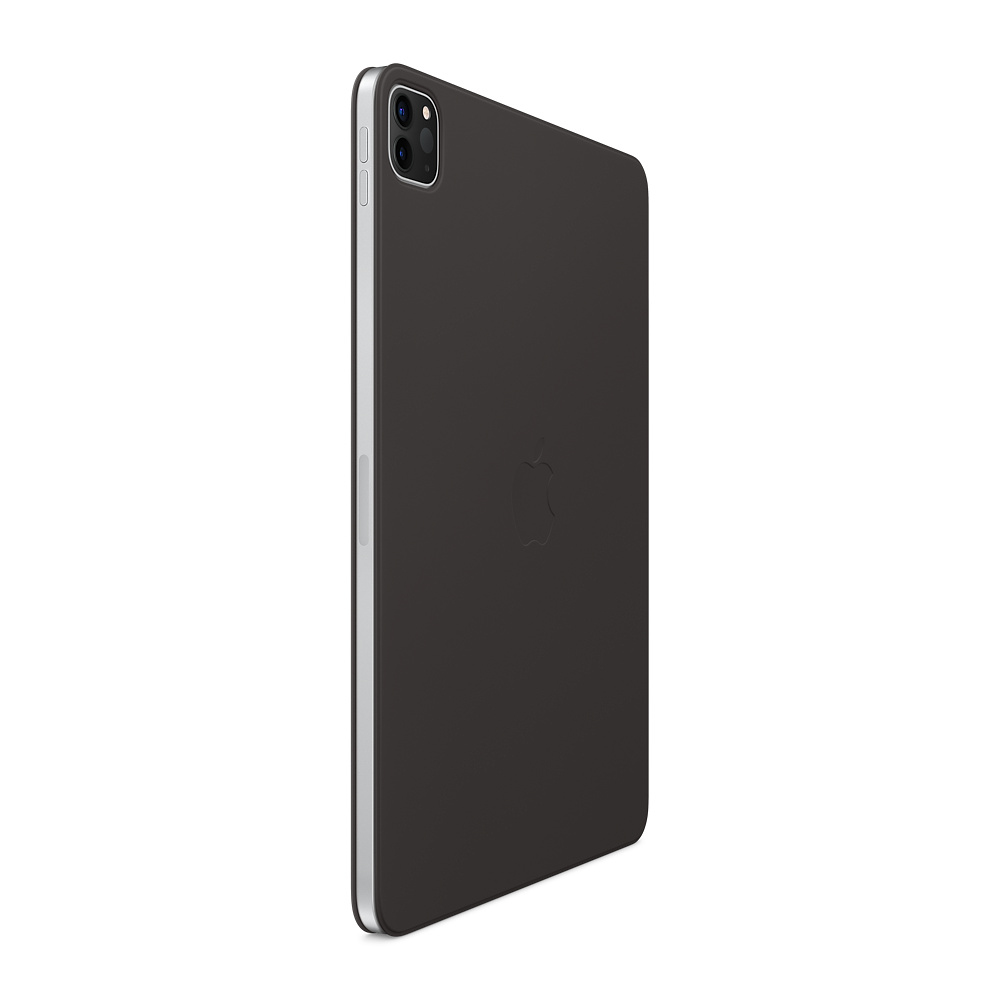 Dunkelgraues iPad Pro mit silbernem Rahmen, Apple-Logo und Kameramodul auf weißem Hintergrund. Winkelansicht.