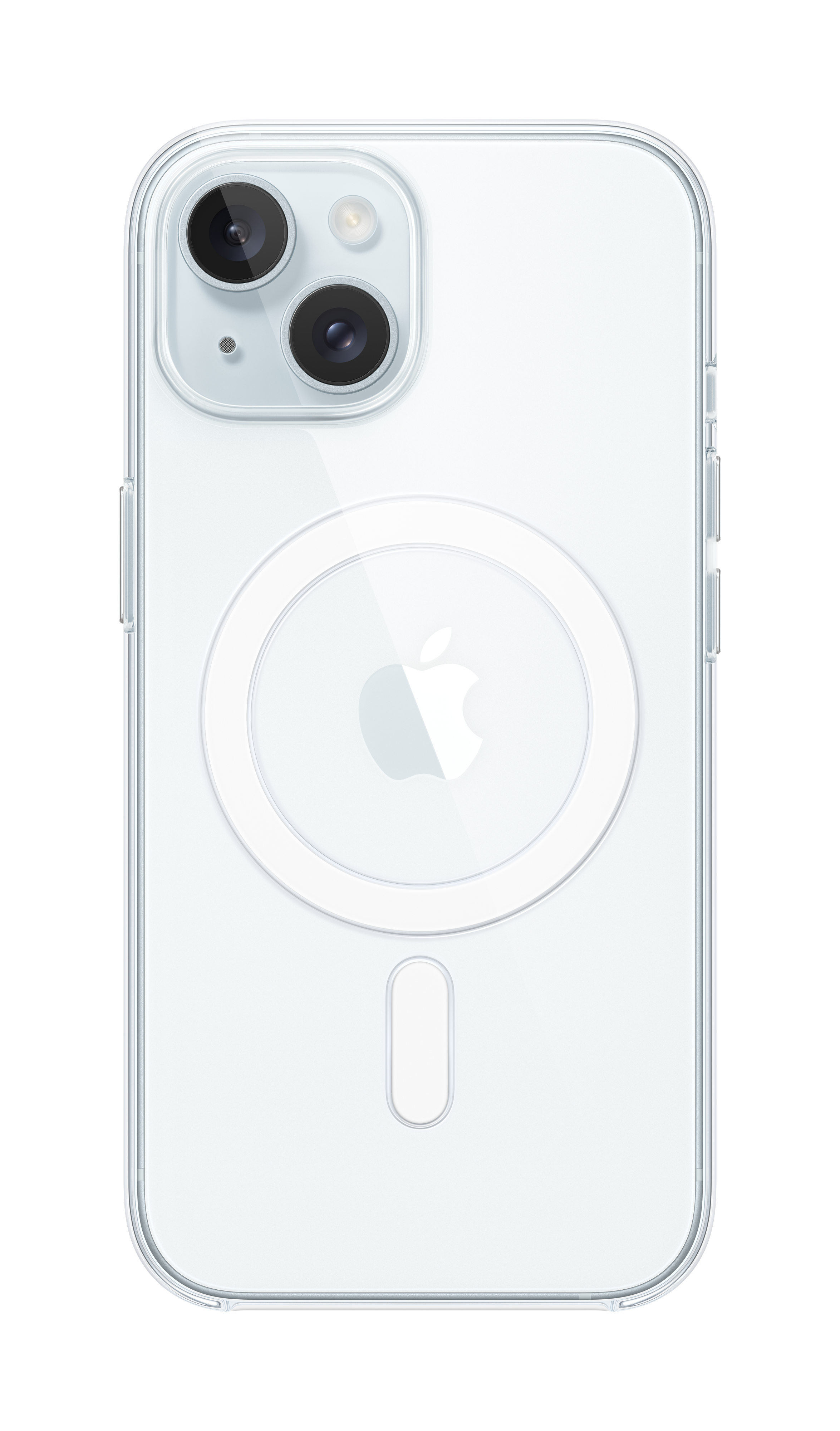 A clear iPhone 14 case. It has a camera bump with two lenses and a flash. An Apple logo is visible.