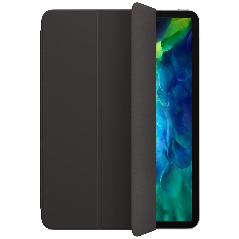 Ein iPad in einer dunkelgrauen Hülle, die Abdeckung teilweise geöffnet. Der Bildschirm zeigt ein grünes und blaues abstraktes Muster.