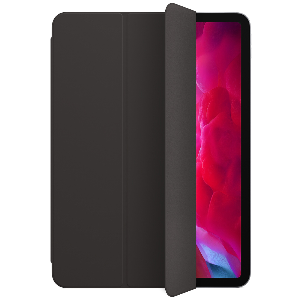 Ein Tablet in einer dunkelgrauen Hülle, teilweise geöffnet. Der Bildschirm zeigt einen abstrakten Hintergrund in Rot und Lila.