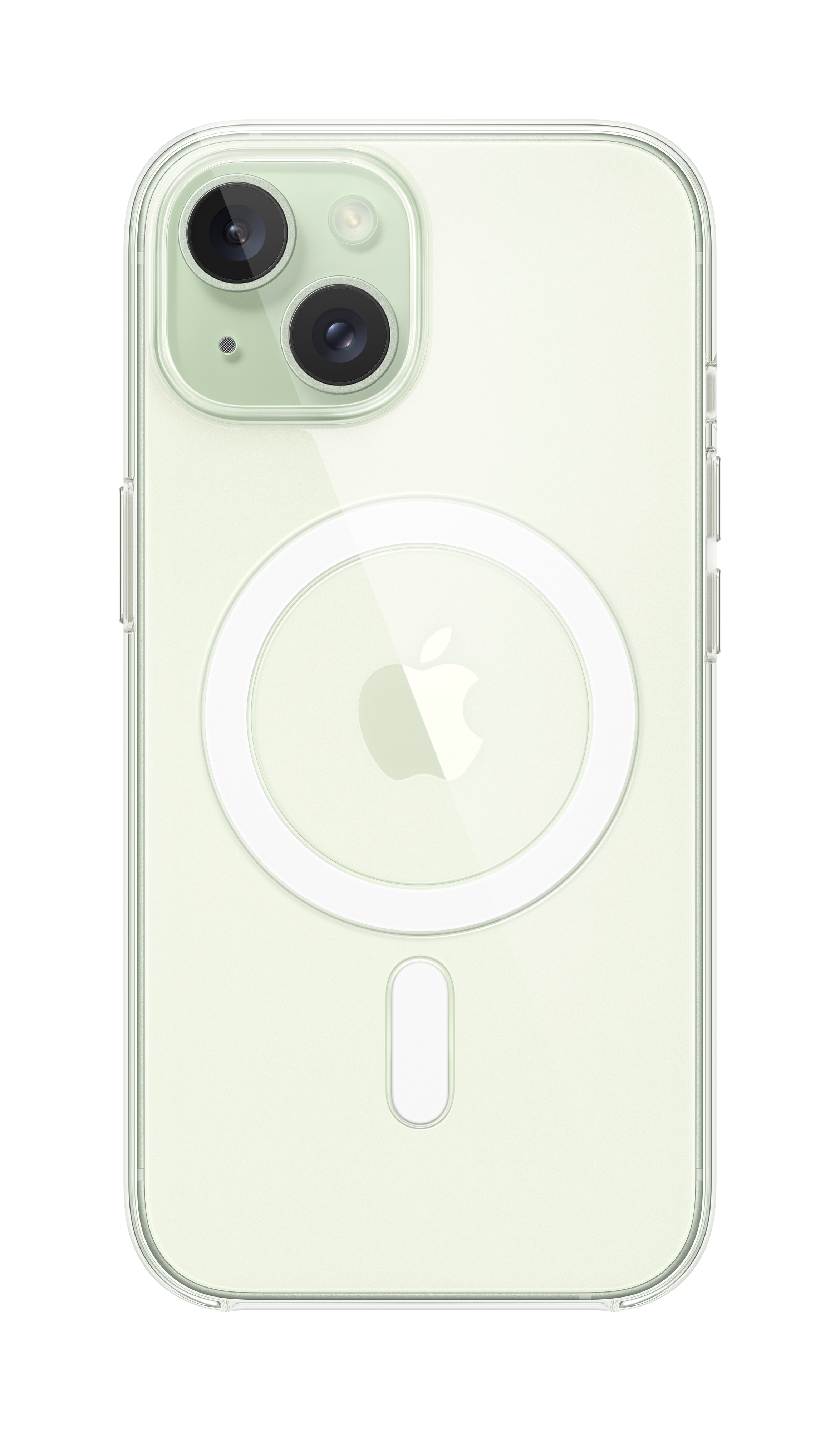 An iPhone 14 in a clear case. The phone features two camera lenses, an Apple logo, and a MagSafe circle.