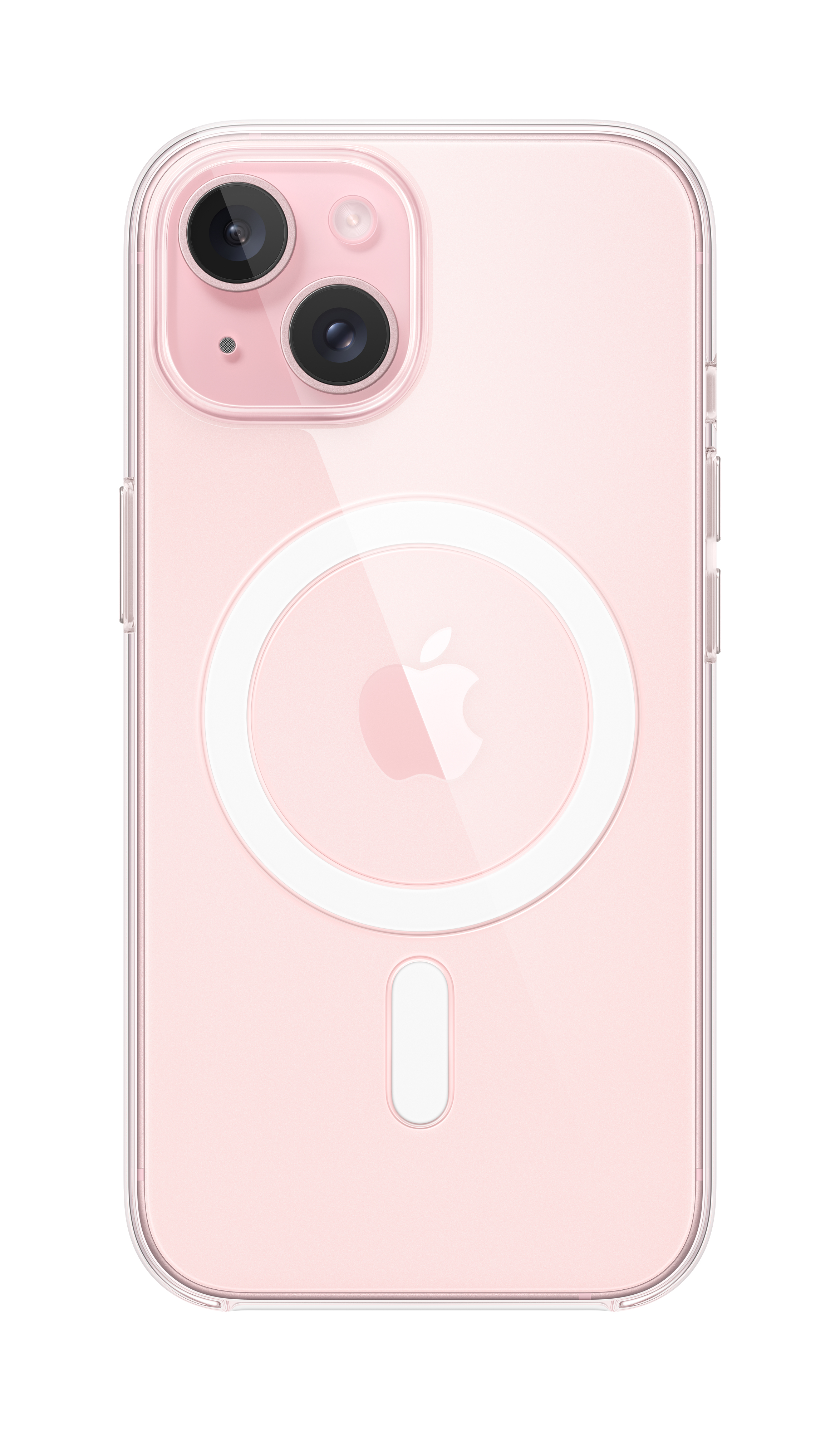 A pink iPhone 13 in a clear case. Visible cameras and Apple logo. White MagSafe circle and a white vertical rectangle.