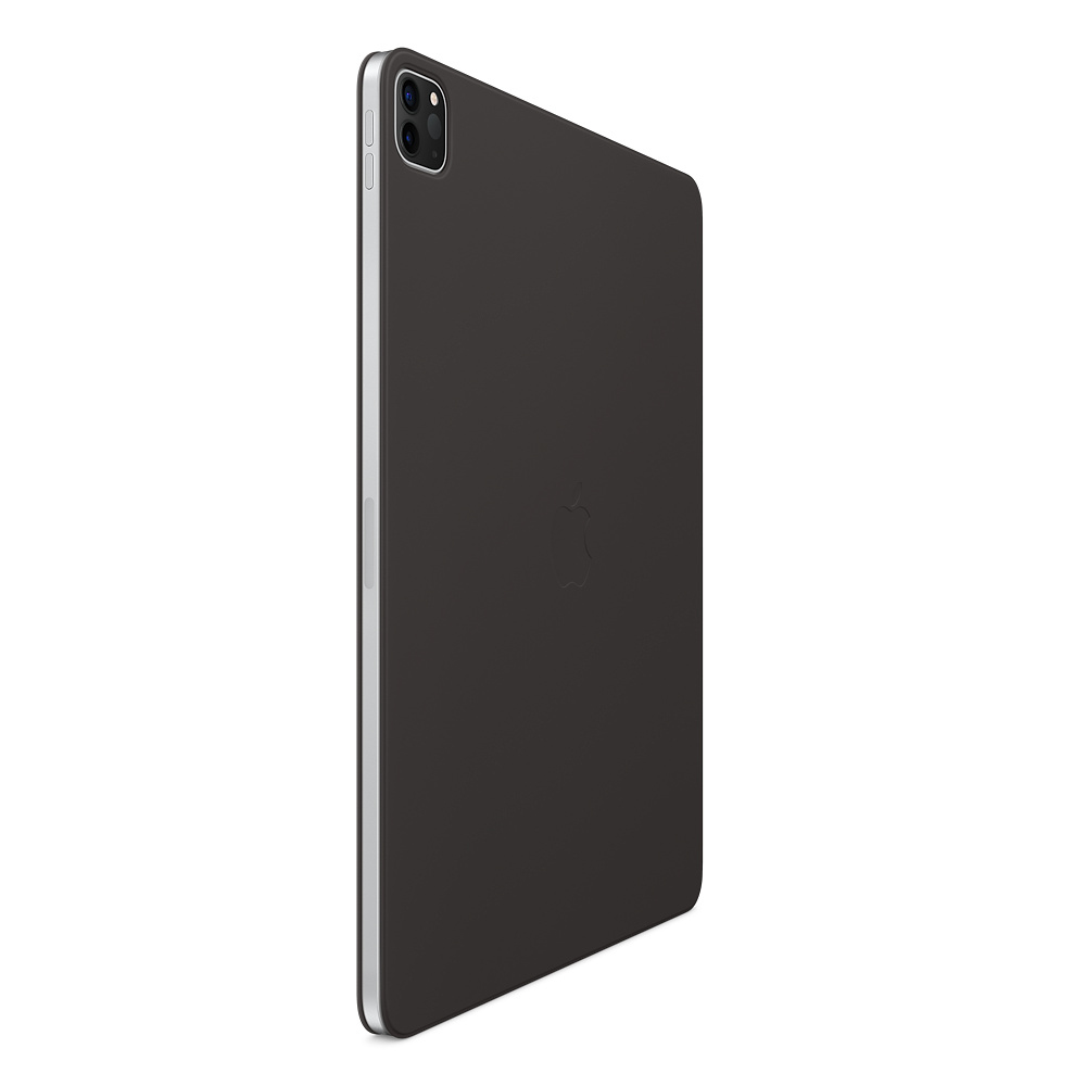 Ein dunkles Tablet mit silberner Kante. Das Apple-Logo ist sichtbar. Die Kamera befindet sich in der oberen linken Ecke.