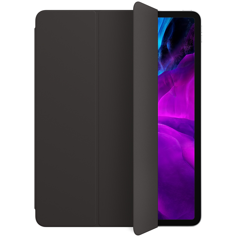 Schwarze Tablet-Hülle teilweise geöffnet, Bildschirm sichtbar. Der Bildschirm zeigt ein abstraktes Design in Lila und Blau.