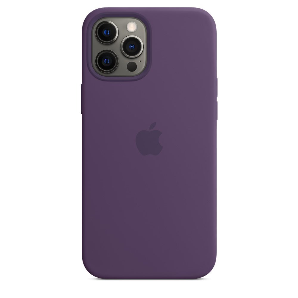 Een paarse iPhone-hoes met het Apple-logo. Het heeft een cameramodule met drie lenzen en staat tegen een witte achtergrond.