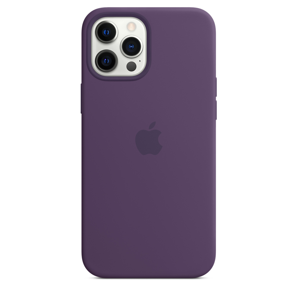 Een paarse iPhone-hoes met het Apple-logo. Het heeft drie cameralenzen en een flitser. De hoes bedekt de achterkant van de telefoon.