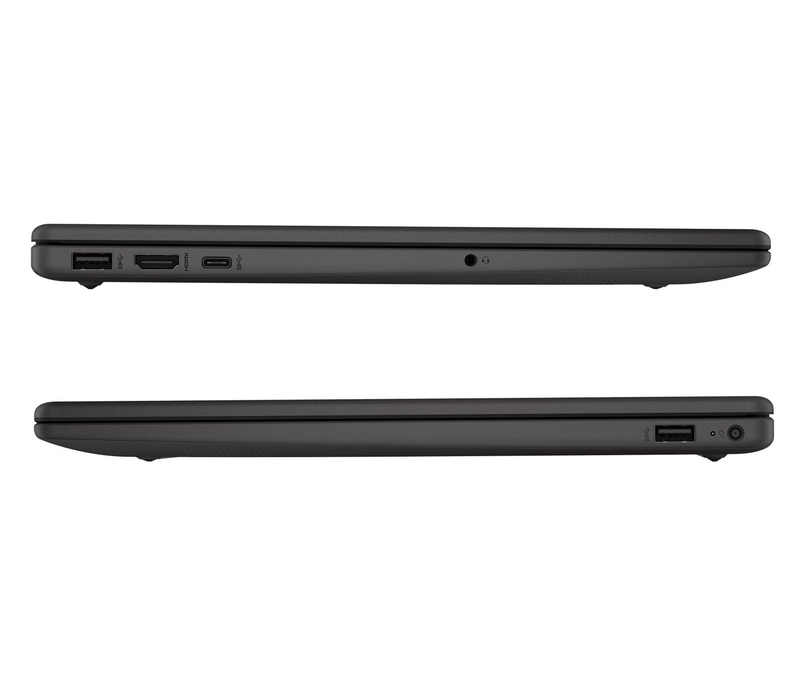 Zwei schwarze Laptops in Seitenansicht. Anschlüsse sichtbar: USB, HDMI, USB-C, Kopfhöreranschluss und Stromeingang. Weißer Hintergrund.