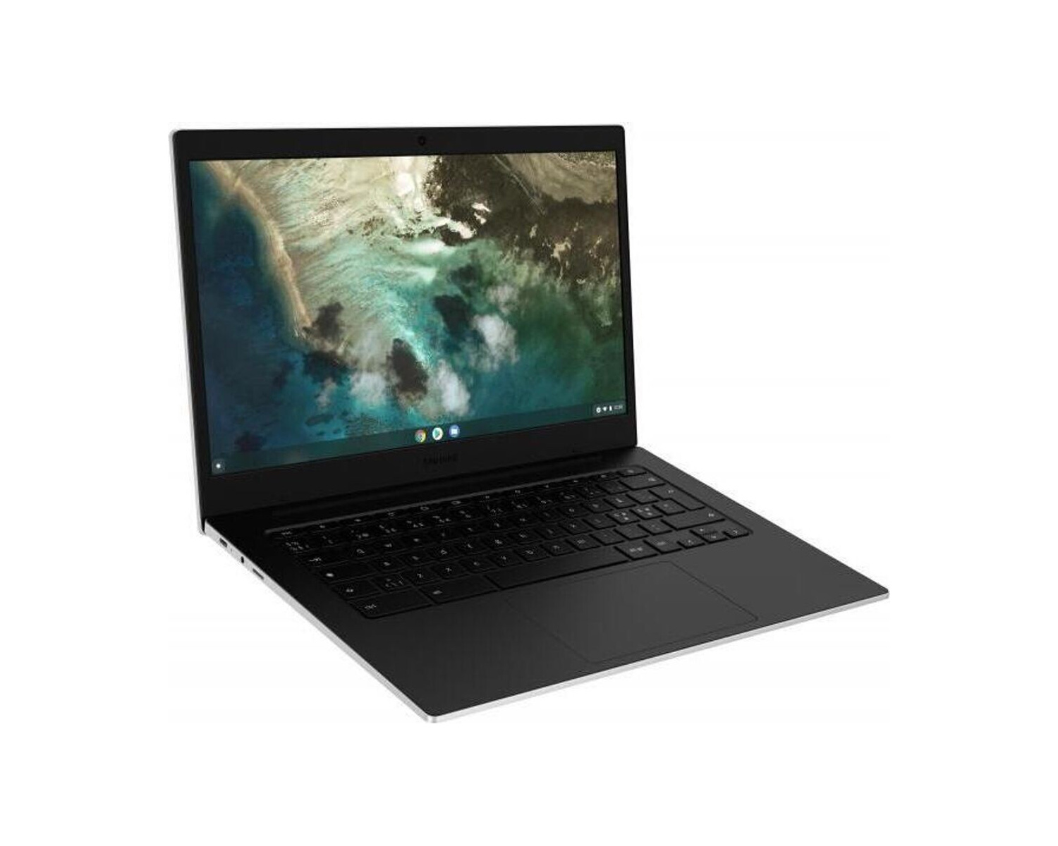 Czarny laptop Samsung Chromebook, otwarty i pod kątem. Ekran wyświetla kolorowy abstrakcyjny obraz. Klawiatura jest widoczna.