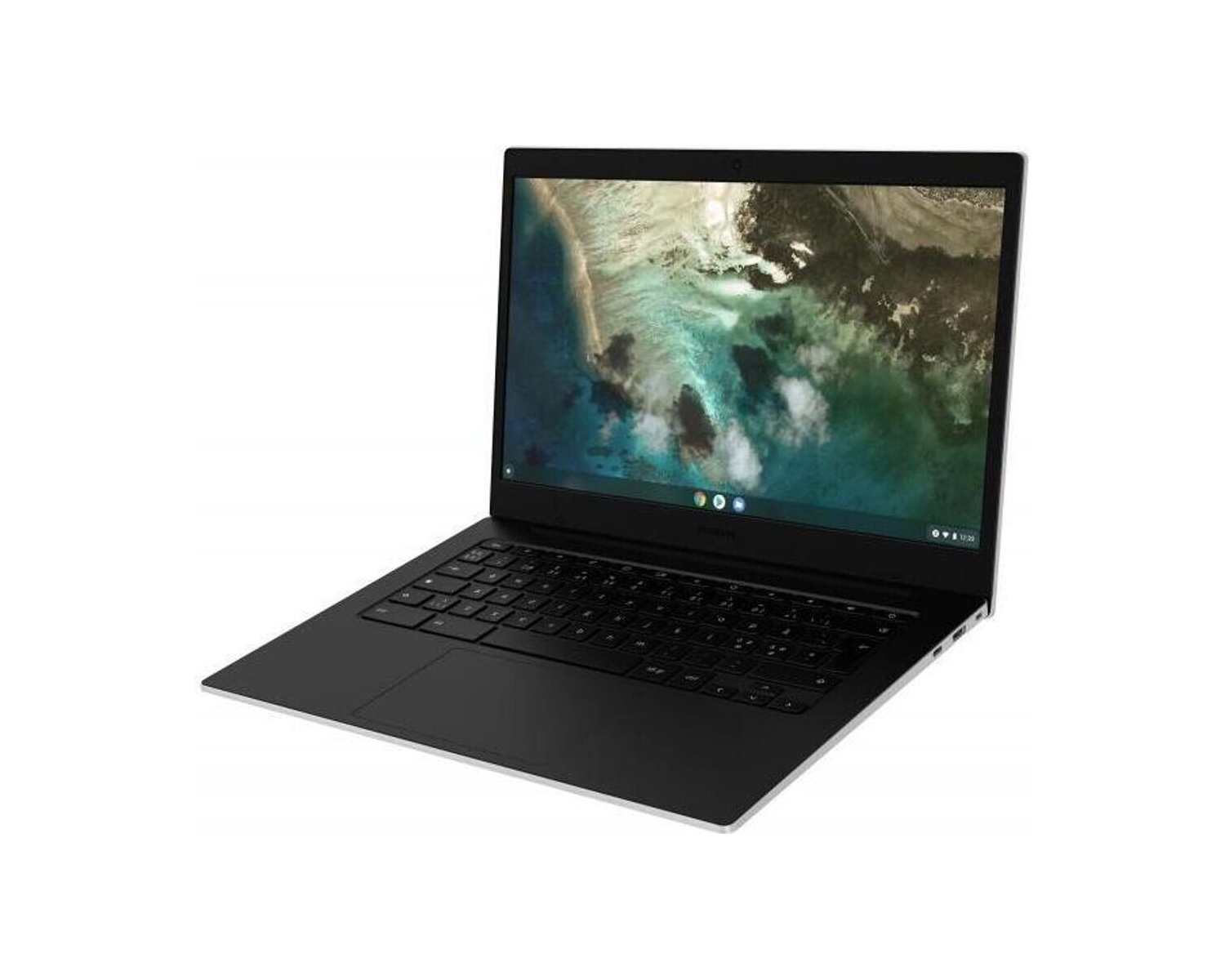 Czarny laptop z ekranem wyświetlającym krajobraz. Klawiatura jest widoczna. Laptop znajduje się na białej powierzchni.