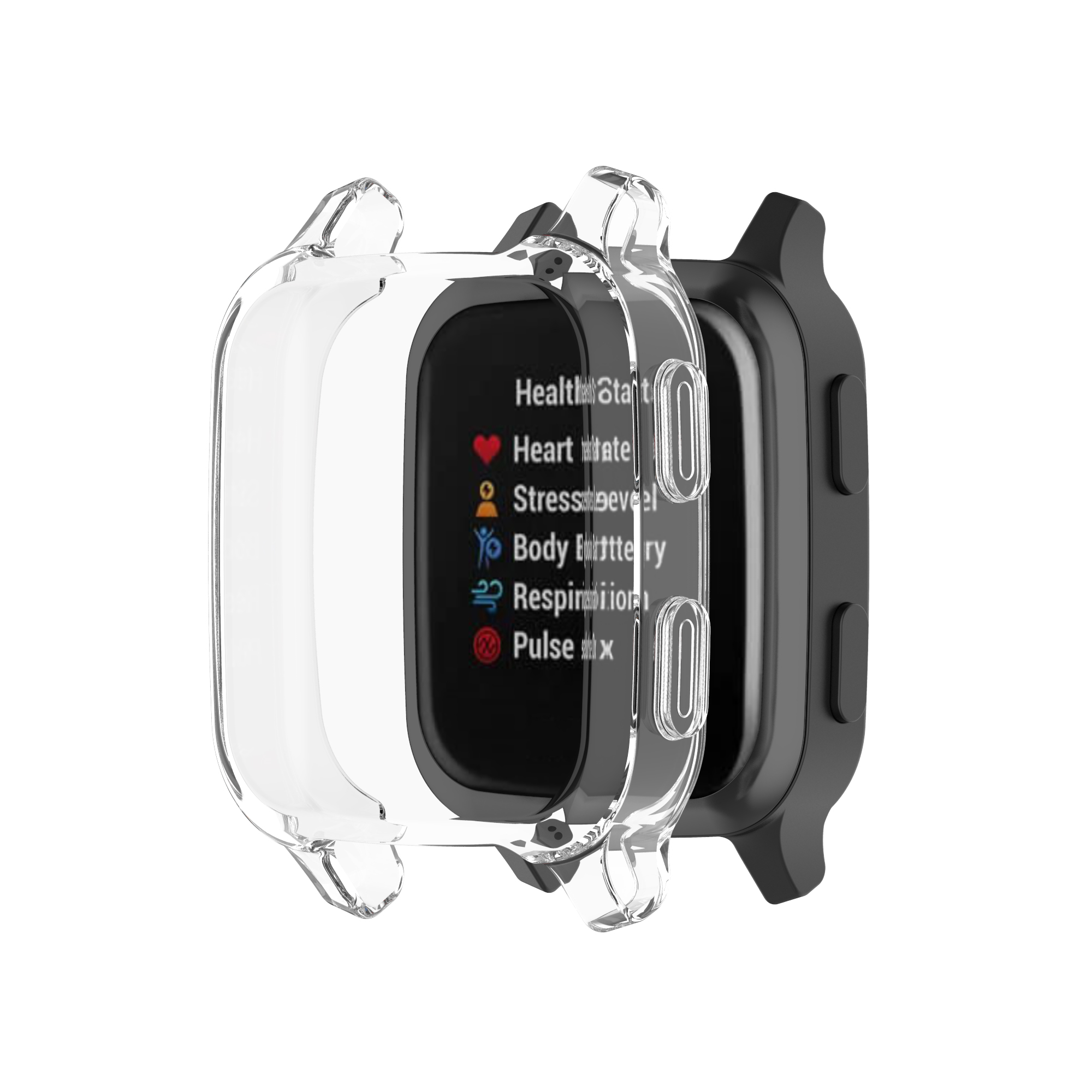 Smartwatch z przezroczystym etui. Ekran wyświetla wskaźniki zdrowia, takie jak tętno i poziom stresu.