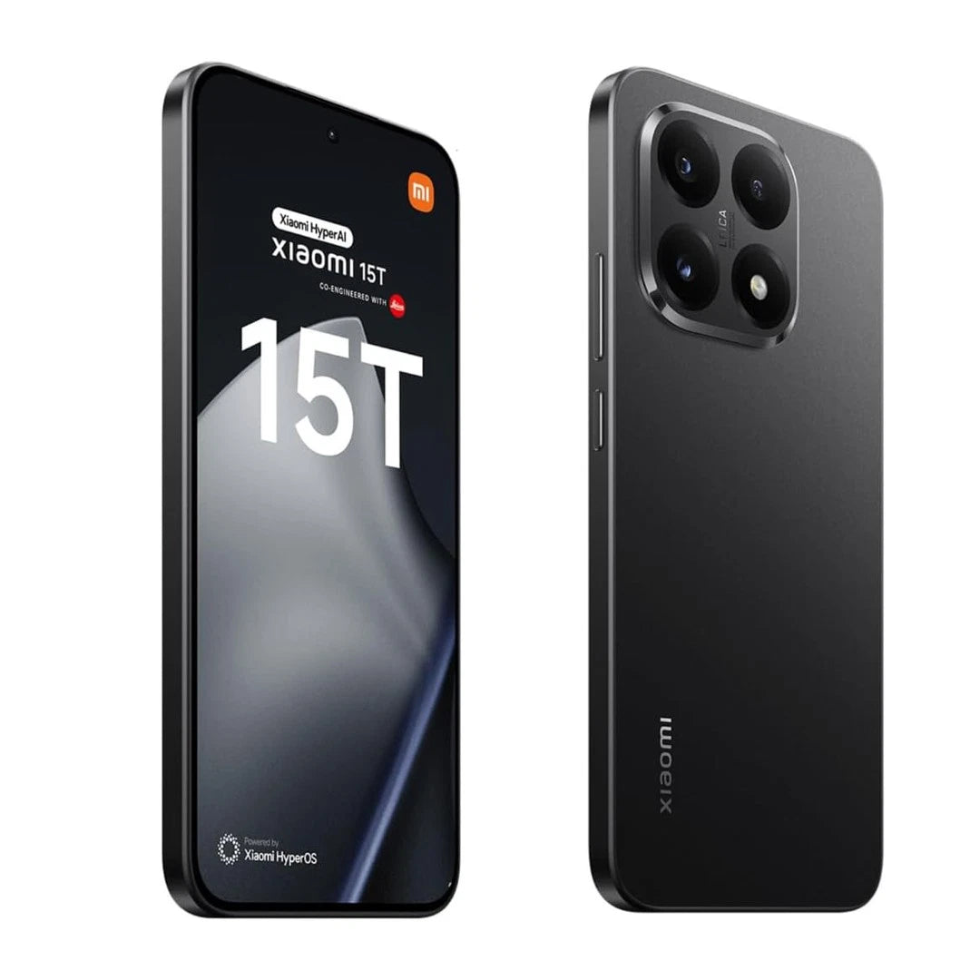 Czarny telefon Xiaomi 15T pokazuje przód i tył. Przód pokazuje ekran, tył ma kamery.