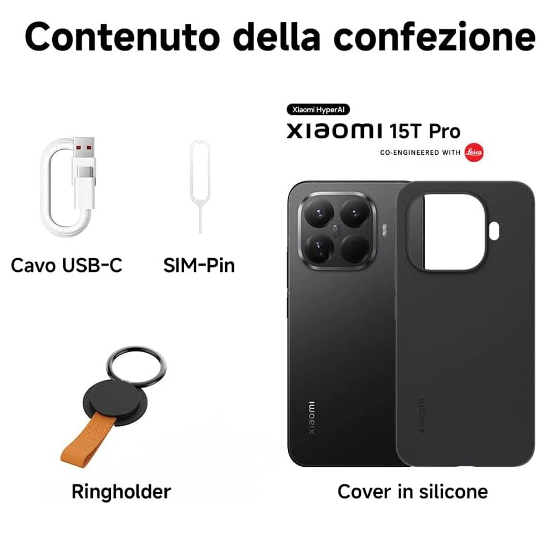 Obraz przedstawia zawartość pudełka telefonu: kabel USB-C, szpilka SIM, uchwyt na pierścień, telefon Xiaomi 15T Pro i silikonowe etui.