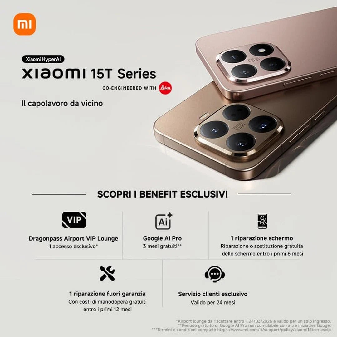 Obraz przedstawia dwa smartfony. Górny jest różowy, a dolny złoty. Tekst zawiera Xiaomi 15T Series i korzyści.