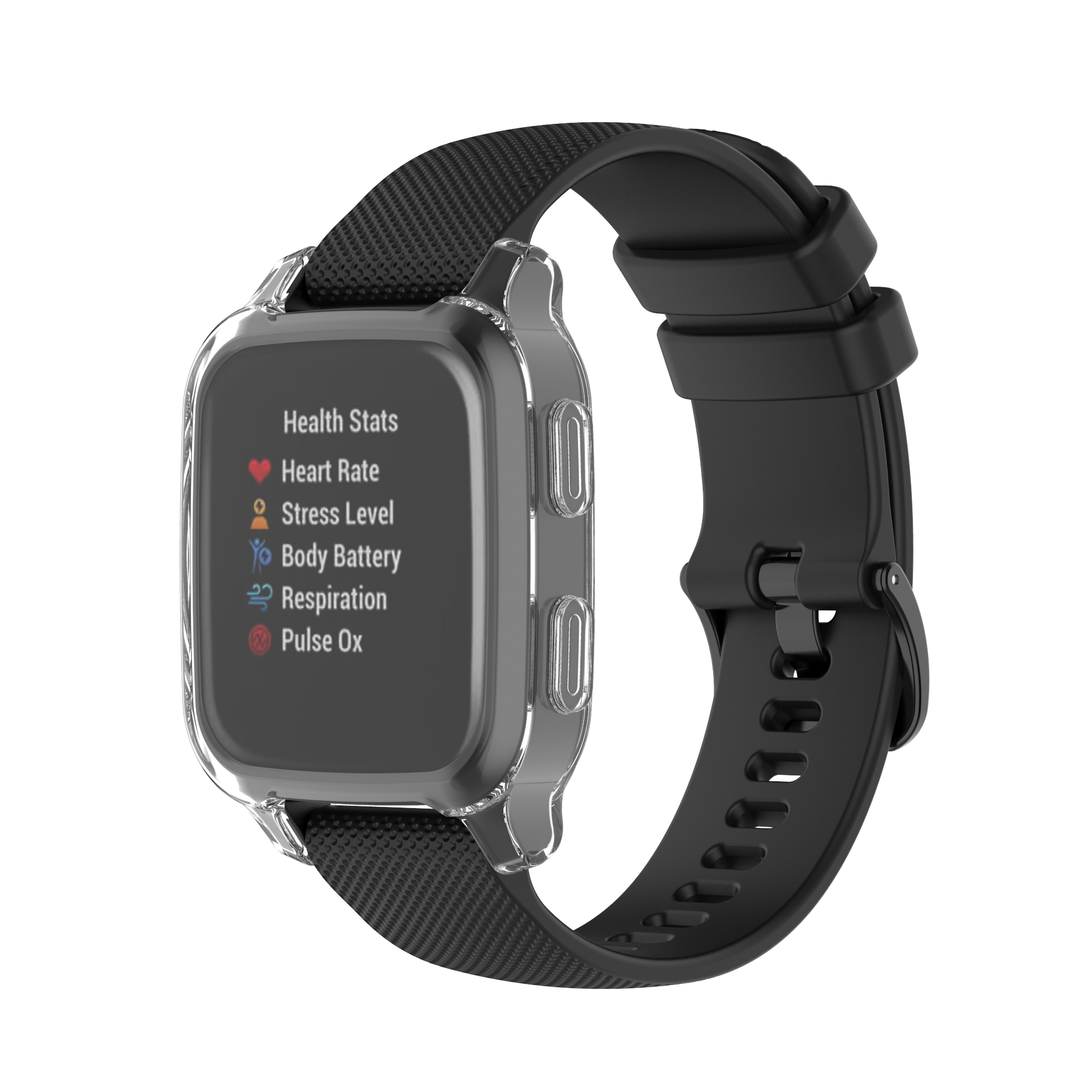 Czarny smartwatch z danymi zdrowotnymi na ekranie, przezroczystą obudową i czarnym paskiem.