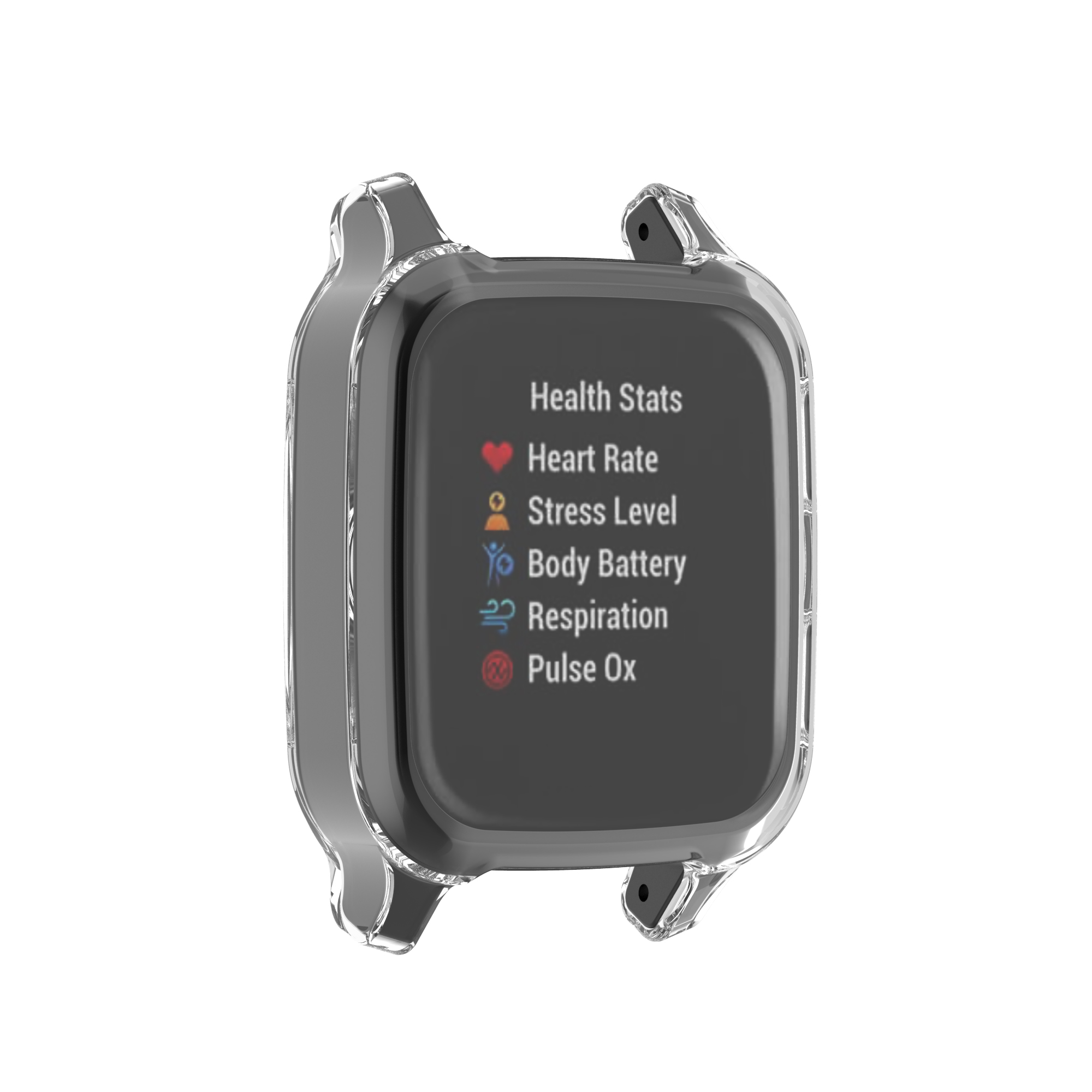 Smartwatch ze statystykami zdrowotnymi. Wyświetla tętno, poziom stresu, baterię, oddech i pulsoksymetr.