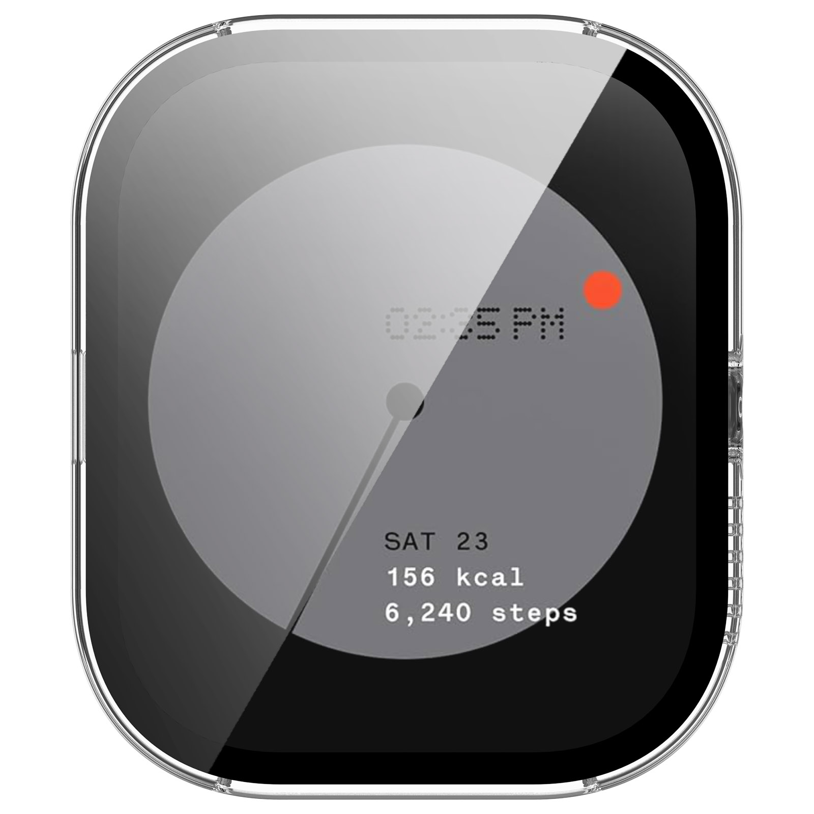 Smartwatch con display circolare che mostra ora, data, calorie e passi. Ha un punto rosso e una cornice argentata.