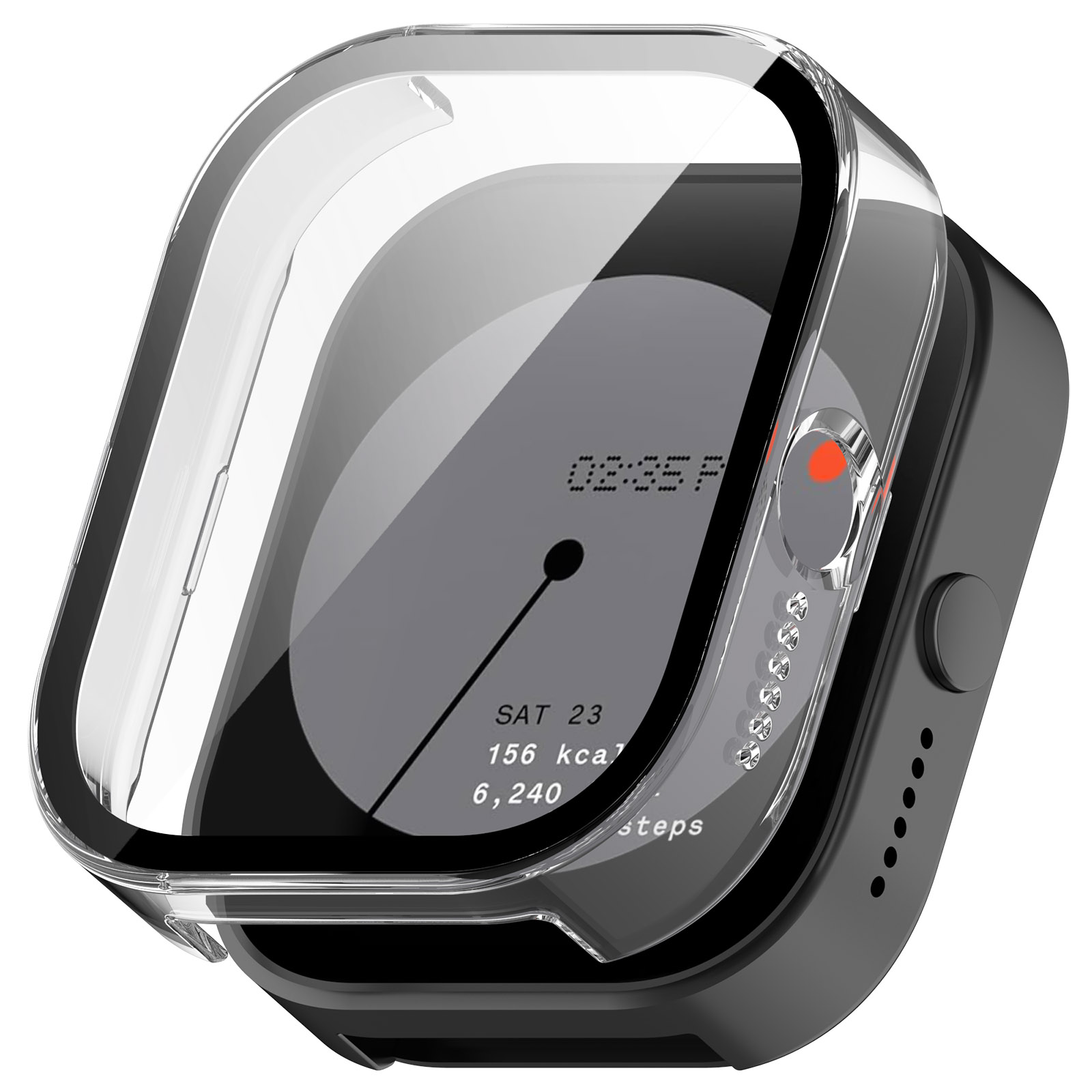 Uno smartwatch con custodia trasparente. Lo schermo mostra ora, data e metriche di salute. Schema di colori nero e grigio.