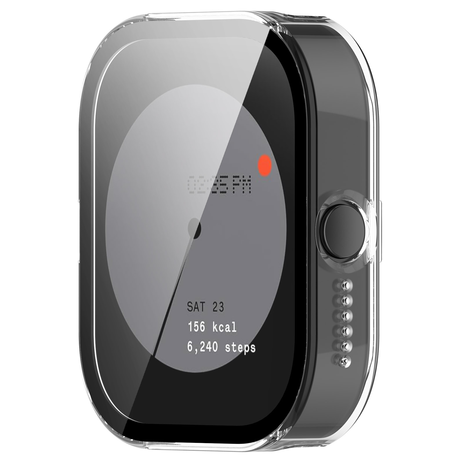 Smartwatch con display nero e grigio. Mostra ora, data, calorie e passi. Ha una custodia trasparente.
